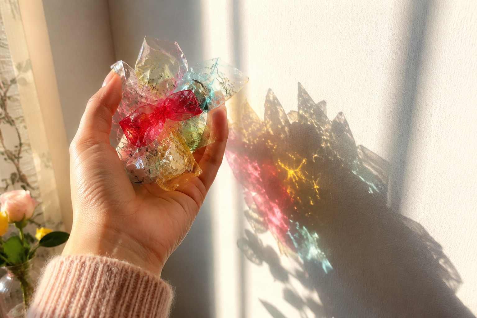A Chinese mother's hand holding colorful transparent candy wrappers under bright sunlight, casting beautiful vibrant colorful shadow spots on a clean white wall. Warm cozy aesthetic, lifestyle photography, soft morning light, highly detailed.