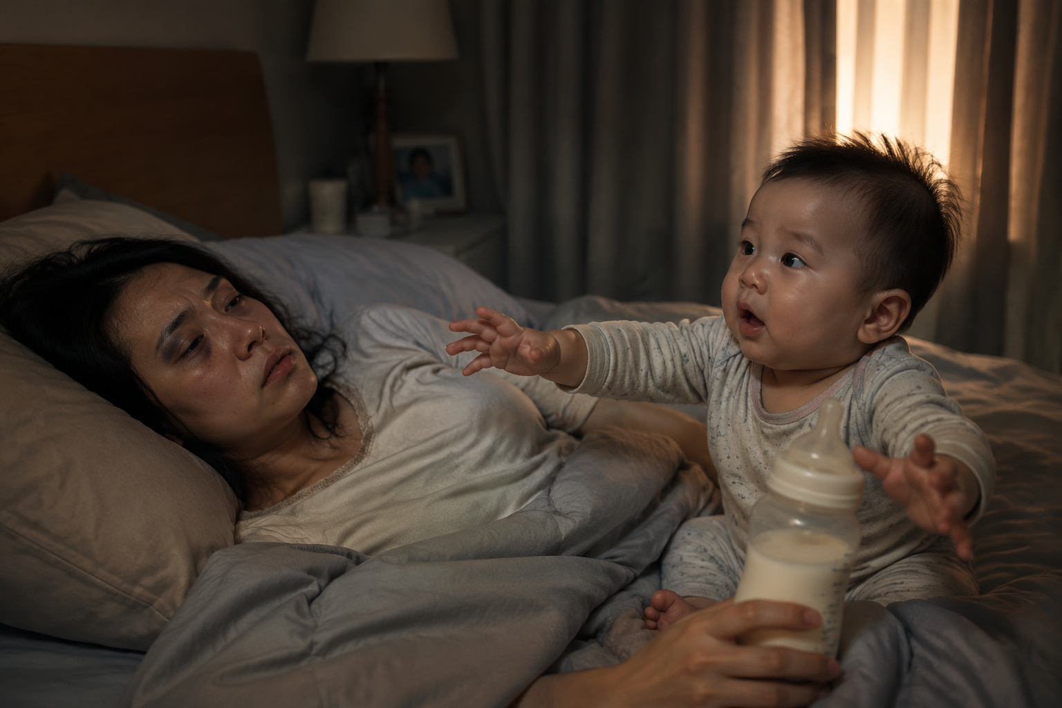 A tired young Chinese mother lying in bed at 5 AM, looking exhausted with dark circles. Next to her, a cute 8-month-old Chinese baby is wide awake, sitting up and reaching out for milk. The bedroom is dimly lit, but soft morning sunlight is peeking through the gap in the curtains. Cinematic lighting, realistic photography, cozy bedroom setting, high resolution, 8k, photorealistic.