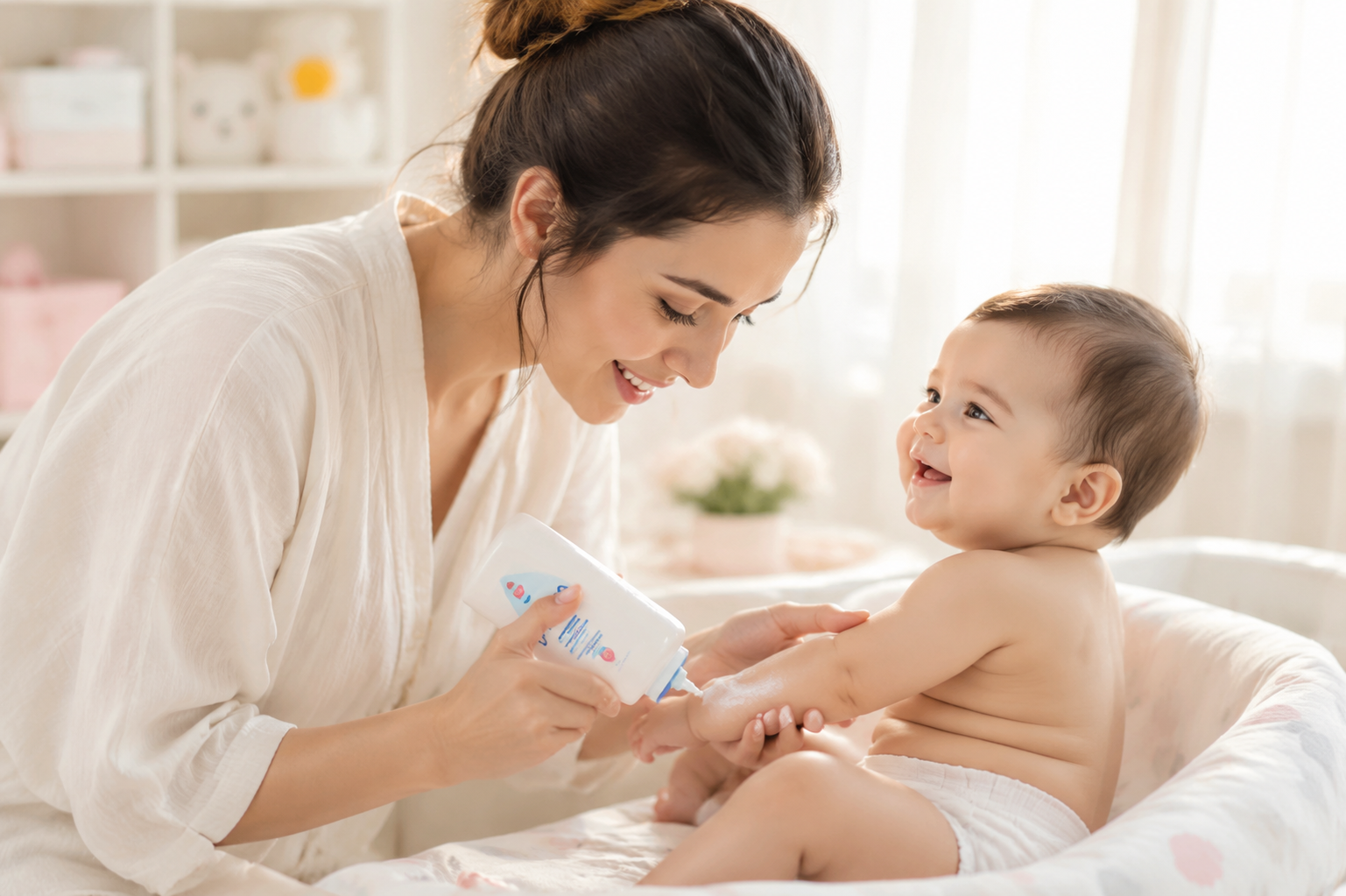 A loving young mother gently applying liquid baby powder to a smiling baby's chubby arm folds with a soft touch. Bright and airy nursery room background, soft sunlight filtering through sheer curtains, pastel colors, heartwarming mood, professional photography, highly detailed, 85mm lens --ar 3:4 --v 6.0