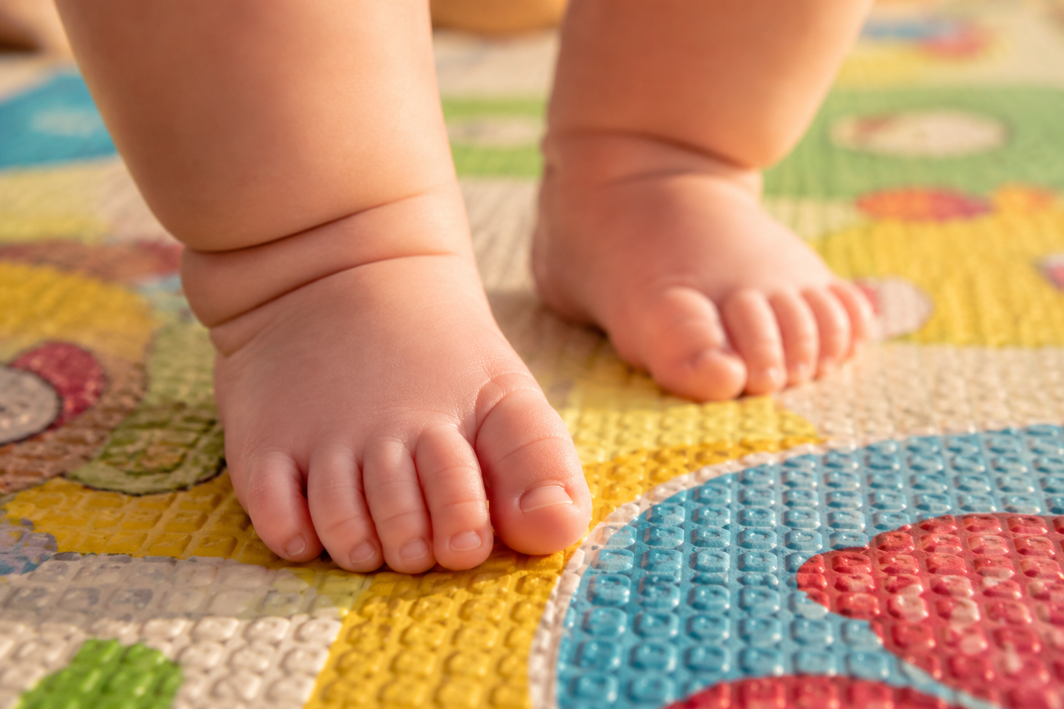 Close-up shot of a Chinese baby's chubby bare feet stepping on a colorful textured playmat. Soft morning light casting gentle shadows, emphasizing the texture of the mat and the baby's soft skin. Macro photography, hyper-realistic, 8k, bright and warm color grading.