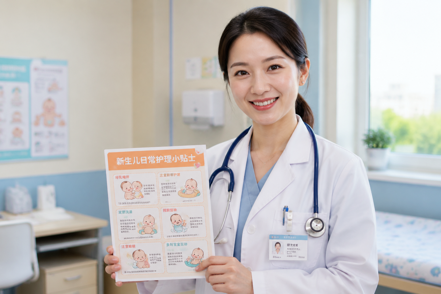A highly detailed portrait of a professional and friendly female Chinese pediatrician in a white coat, standing in a bright modern clinic. She is holding a colorful medical illustration card showing baby care tips. Trustworthy smile, soft clinical lighting, depth of field, 8k resolution, photorealistic.