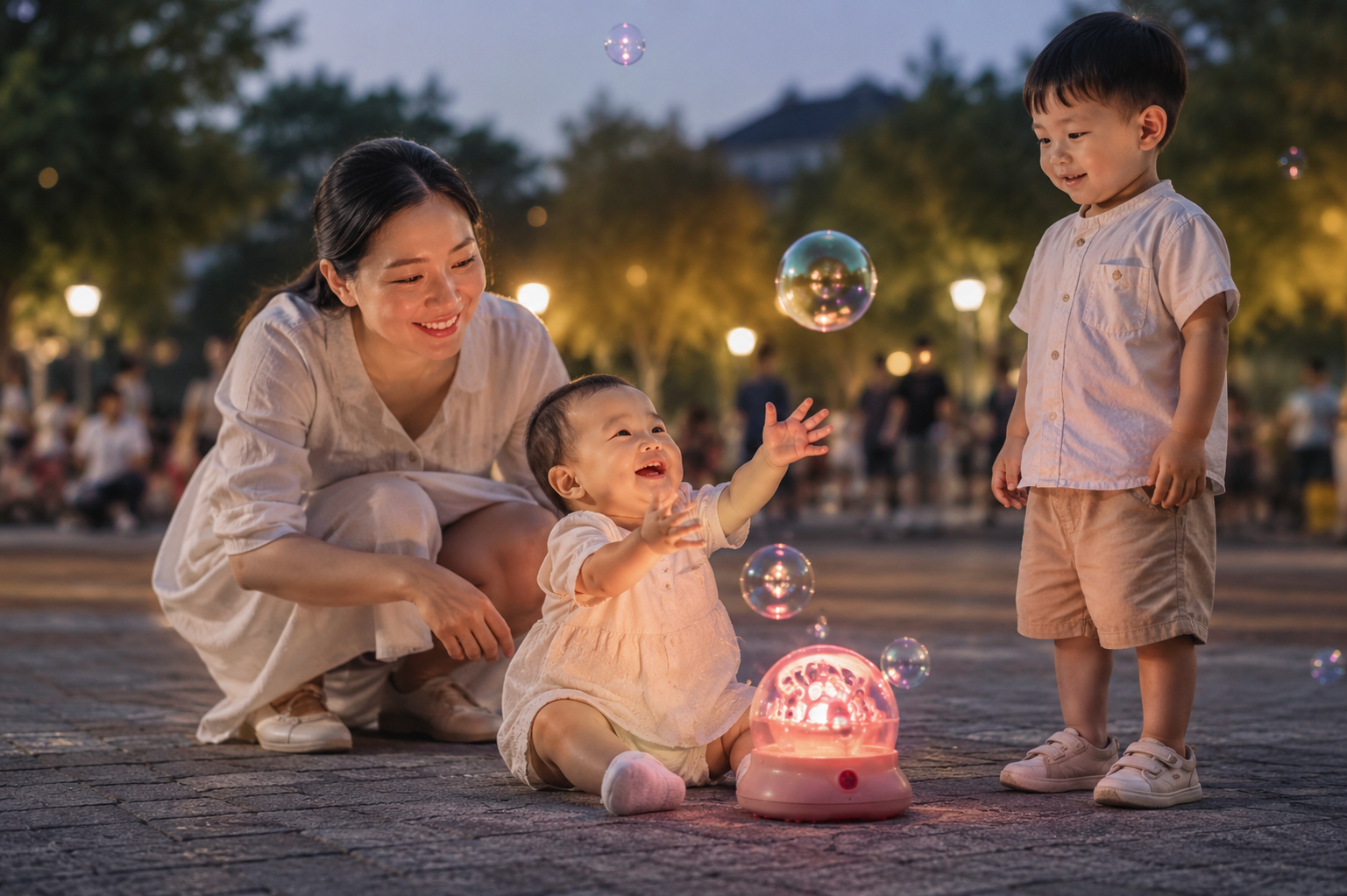 A lovely 11-month-old Chinese baby is playing with glowing bubbles in a park at dusk. Another young Chinese child is standing nearby looking at the bubbles with a smile. The baby's mother is crouching next to the baby, smiling gently and encouragingly. Cinematic lighting, photorealistic, hyper-detailed, warm community atmosphere.