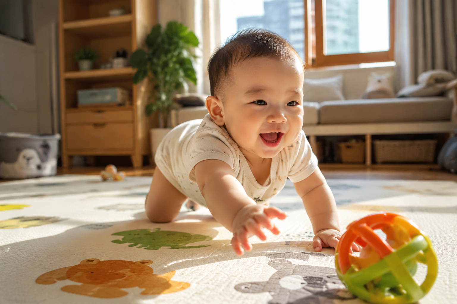 An 8-month-old Chinese baby actively crawling on a thick high-quality play mat, reaching forward for a colorful toy, cozy home interior background, warm sunlight streaming through the window, ultra-realistic photography, cinematic lighting, joyful vibe, 8k, --ar 3:4 --v 6.0