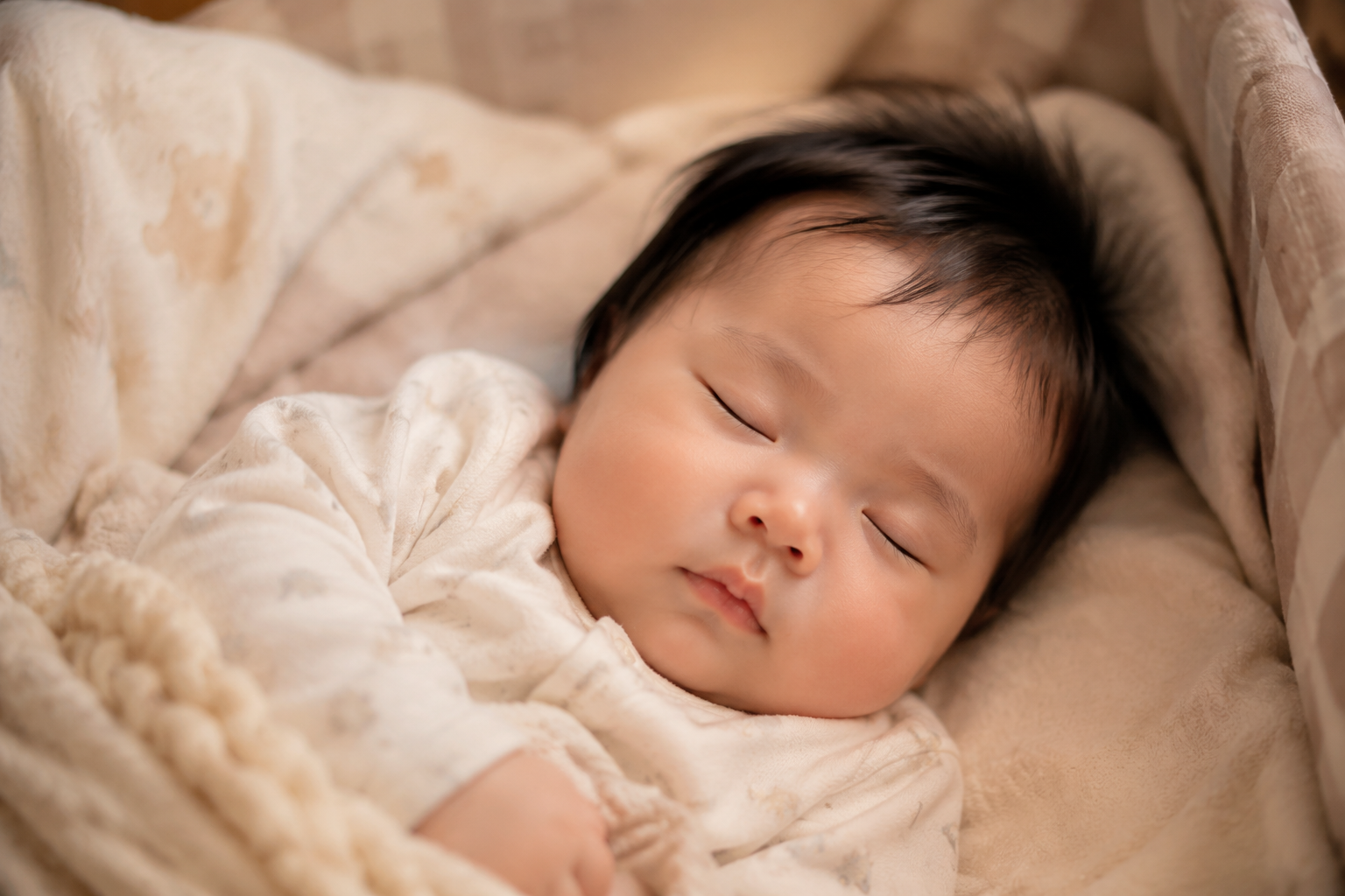 A close-up shot of a healthy and adorable Chinese baby sleeping peacefully in a comfortable cozy crib. Soft warm lighting, delicate skin texture, baby wearing light cotton clothes, peaceful and safe atmosphere, high-end photography, 85mm lens, shallow depth of field, 8k. --ar 3:4
