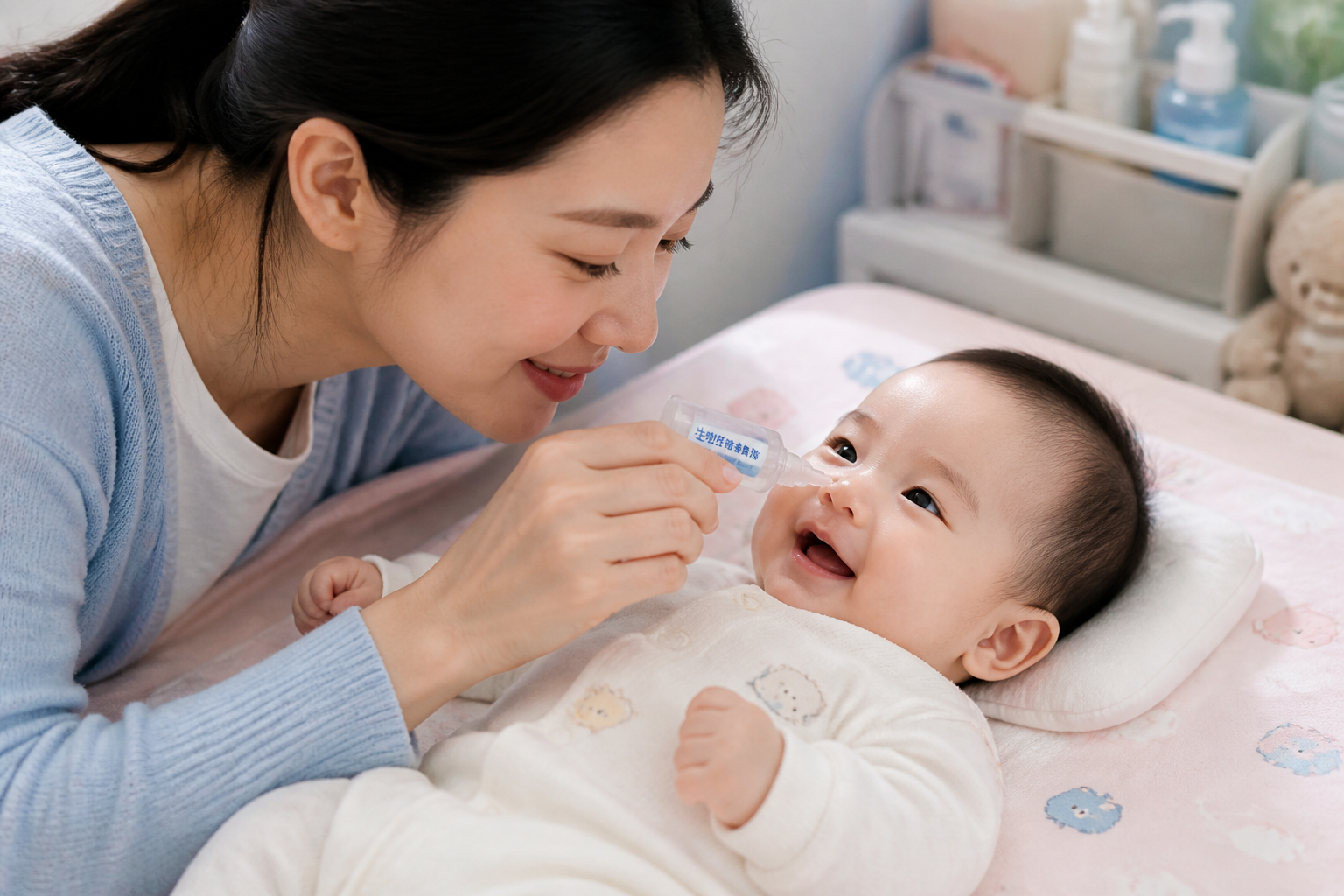 A bright and reassuring close-up shot of a caring Chinese mother gently using a small saline drop bottle near her smiling 8-month-old baby's nose. The baby is lying comfortably on a soft pastel changing mat. Bright nursery lighting, safe and medical-approved context, highly detailed, photorealistic, Midjourney style, 4k.