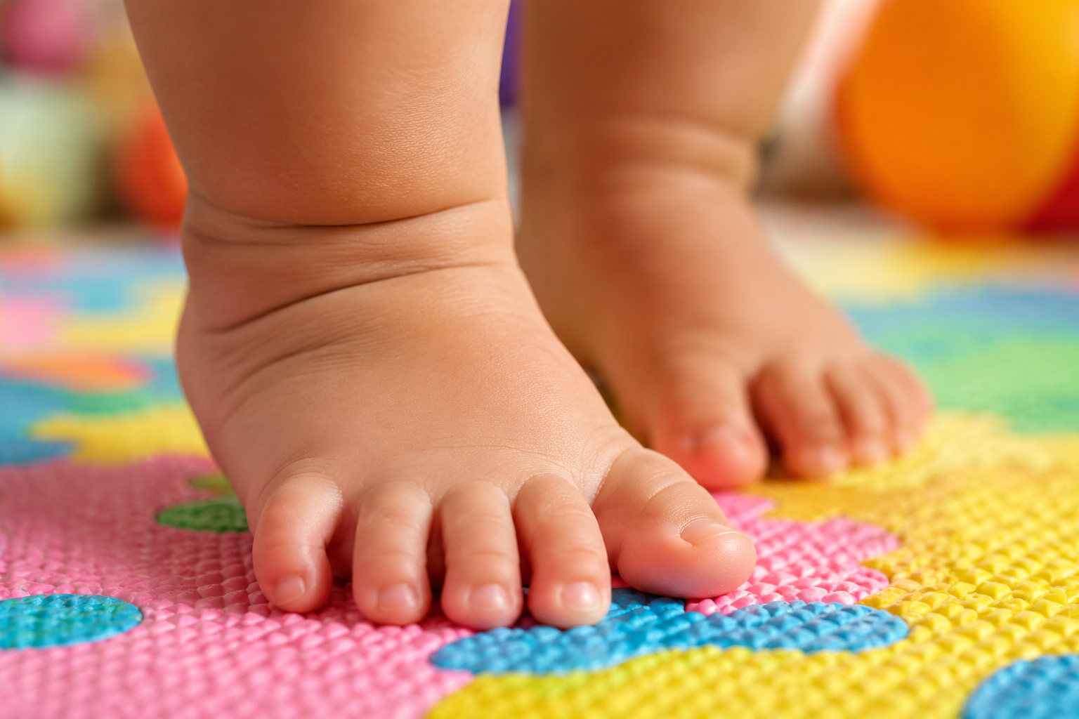 Extreme close-up of a chubby Chinese baby's bare feet stepping firmly on a colorful textured play mat. The toes are spread out, showing the gripping action. Bright and cheerful lighting, high definition, macro photography, soft background blur (bokeh), realistic skin texture. --ar 16:9