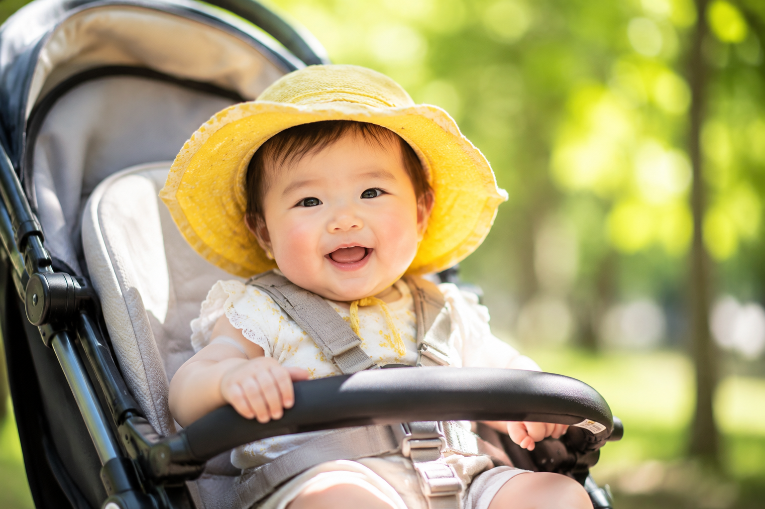 A cute 6-month-old Chinese baby sitting in a baby stroller outdoors, wearing a wide-brimmed yellow sun hat, bright May sunlight filtering through green leaves, soft lighting, hyper-realistic, 8k resolution, shot with an 85mm lens, bright and cheerful color palette, Midjourney style --ar 3:4