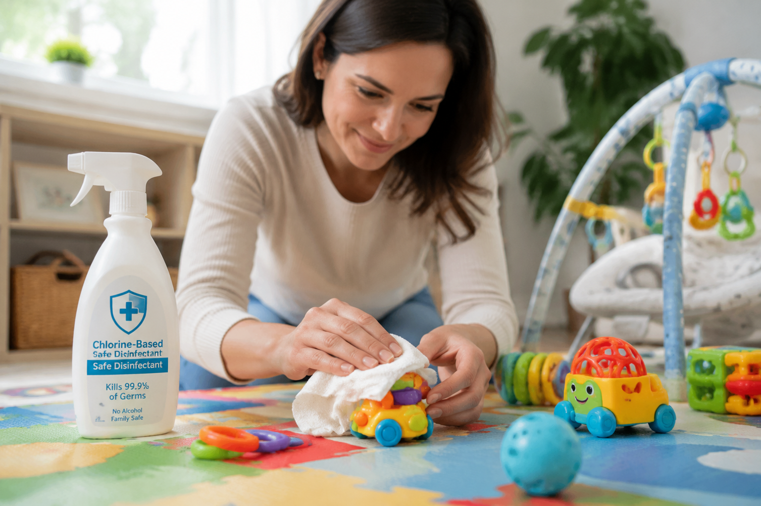 A bright, airy photograph of a modern, caring mother carefully wiping colorful baby toys on a playmat with a cloth. Next to her is a spray bottle labeled with a symbol indicating a chlorine-based safe disinfectant (not alcohol). Natural daylight streaming from a window, clean and sanitary environment, focus on the mother's hands and the toys, DALL-E 3 aesthetic style, hyper-detailed.
