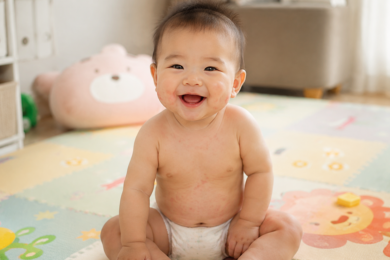 A cute 8-month-old Chinese baby sitting on a soft pastel play mat, smiling happily, with faint pink spots (simulating roseola rash) on the tummy and cheeks, indicating recovery, bright and warm indoor lighting, realistic baby portrait, high resolution, DALL-E style, 8k --ar 3:4