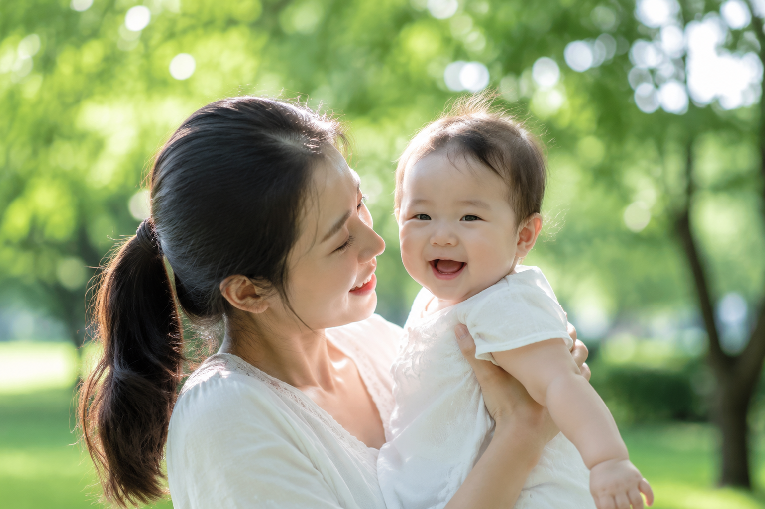 A heartwarming scene of a young Chinese mother holding her smiling Chinese baby in a lush green park in early summer. A gentle breeze is blowing the tree leaves and the baby's fine hair. The mother is interacting intimately with the baby, talking softly. Sunlight filtering through the bright green leaves, soft bokeh, airy and fresh tone, natural lifestyle photography, highly detailed face, 8k, shot on 85mm lens --ar 3:4