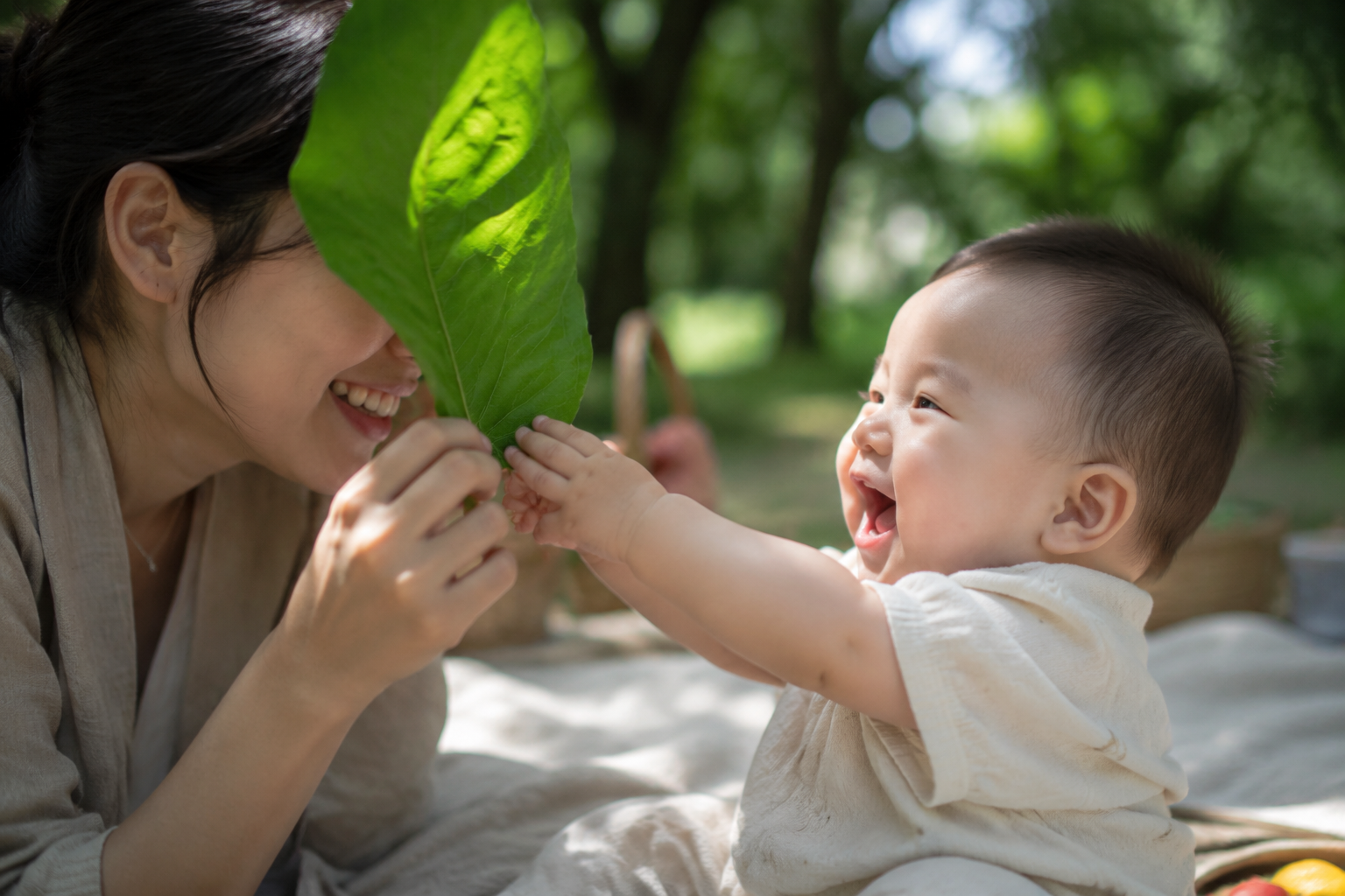 A heartwarming close-up shot of a young Chinese mother playing peek-a-boo with her 6-month-old Chinese baby using a large green leaf. The mother is holding the leaf, partially revealing her smiling face. The baby is sitting on a picnic blanket, reaching out with chubby little hands to grab the leaf, laughing happily. Cinematic lighting, dappled sunlight filtering through trees, shallow depth of field, hyper-realistic, Midjourney v6 style. --ar 16:9