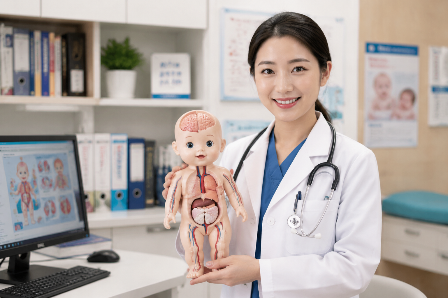 A professional portrait of a friendly female Chinese pediatrician in a white doctor's coat, standing in a bright, modern clinic. She is holding a cute baby anatomy model and smiling warmly at the camera. Professional lighting, soft depth of field, trustworthy and authoritative atmosphere, 8k resolution, photorealistic.