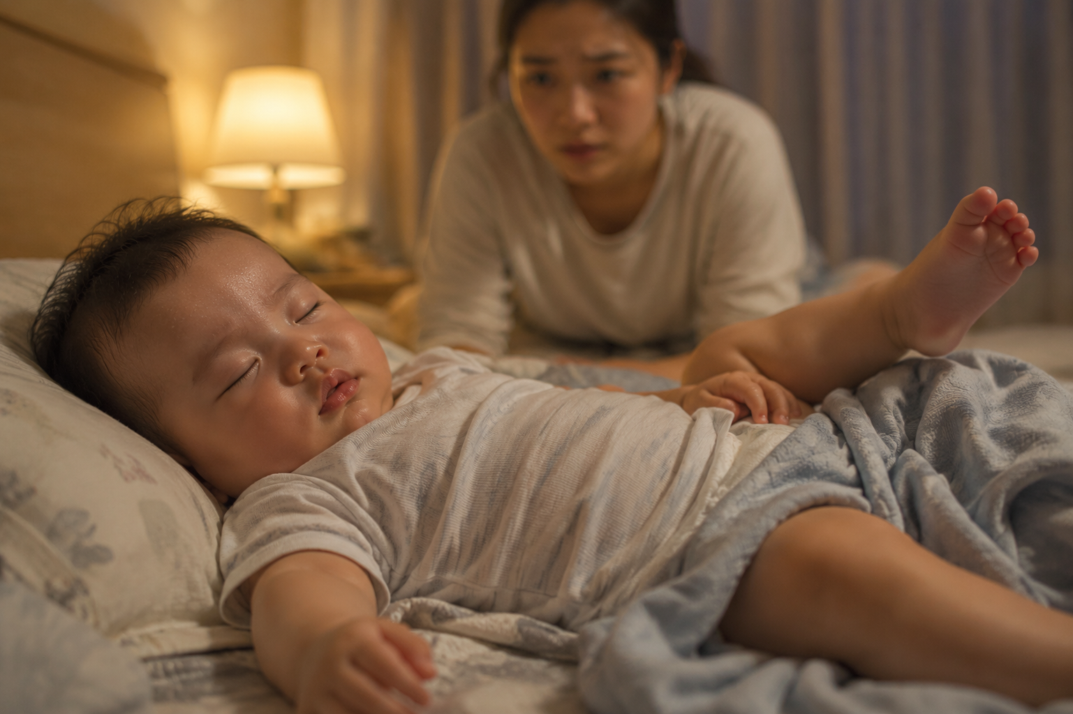 A close-up shot of an adorable Chinese baby sleeping on a cozy bed, kicking off the light blanket, slightly sweating on the forehead, soft warm night light illuminating the bedroom, a blurry figure of a concerned young Chinese mother in the background, realistic photography, soft focus, high quality, 8k resolution, cinematic lighting --ar 3:4 --v 6.0