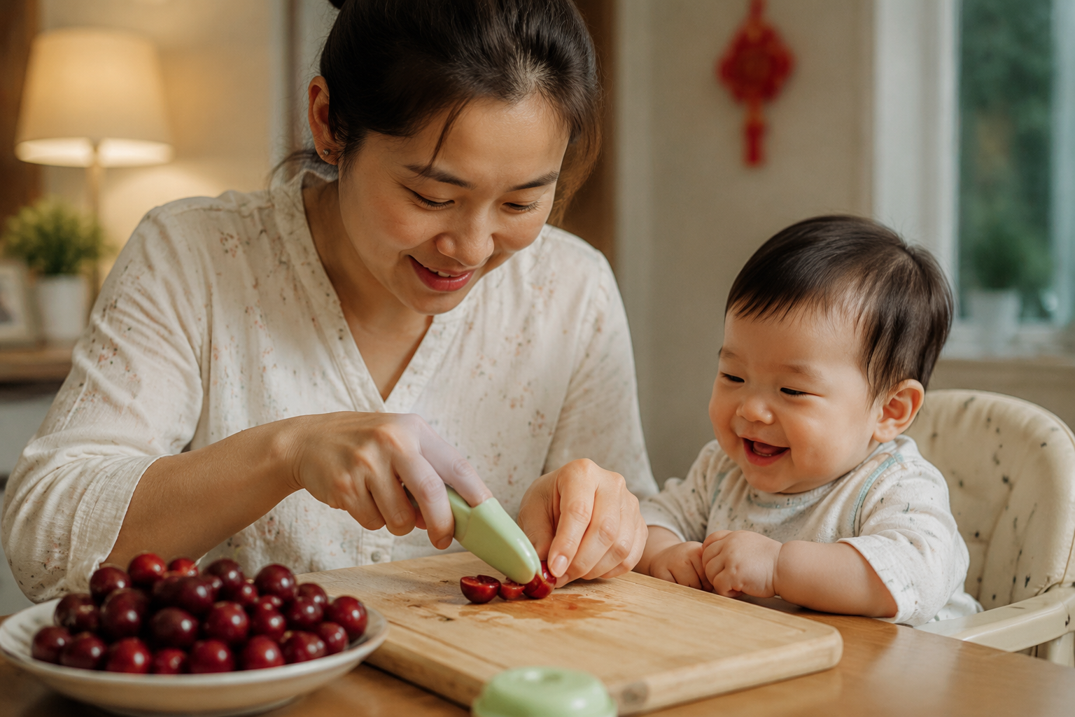 A warm and safe scene of a Chinese mother carefully cutting a cherry into four small pieces with a baby-safe knife on a wooden cutting board, while a happy Chinese baby watches. Soft indoor lighting, educational parenting style, hyper-realistic, cozy home environment, 8k, highly detailed.