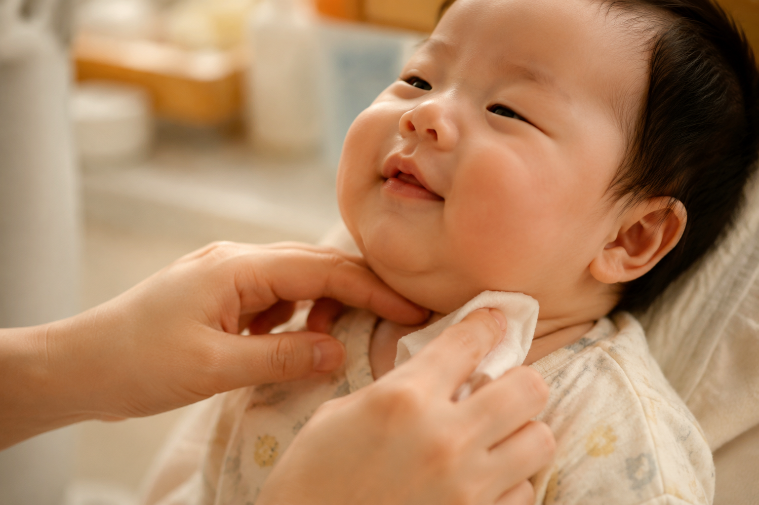 Close-up shot of a gentle Chinese mother's hands using a soft pure cotton tissue to gently pat dry the neck folds of a chubby Chinese baby. The baby looks comfortable. Soft warm indoor lighting, loving and caring atmosphere, high resolution, soft focus background, realistic photography, macro details.
