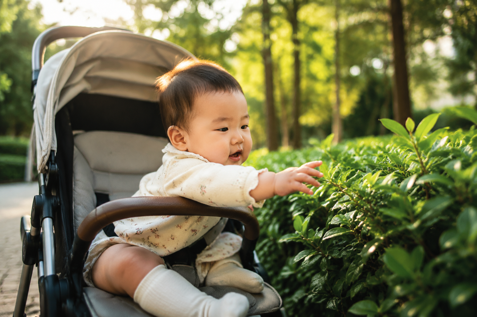 A cute 10-month-old Chinese baby reaching out little chubby hands to touch a green leaf on a low bush. The baby is sitting in a modern stroller but leaning forward with extreme curiosity. Beautiful early summer park scene, soft golden morning light filtering through the tree canopy. Shot on 35mm lens, high quality photography, photorealistic, cinematic lighting, shallow depth of field, vivid warm colors, happy mood, 8k, --ar 3:4