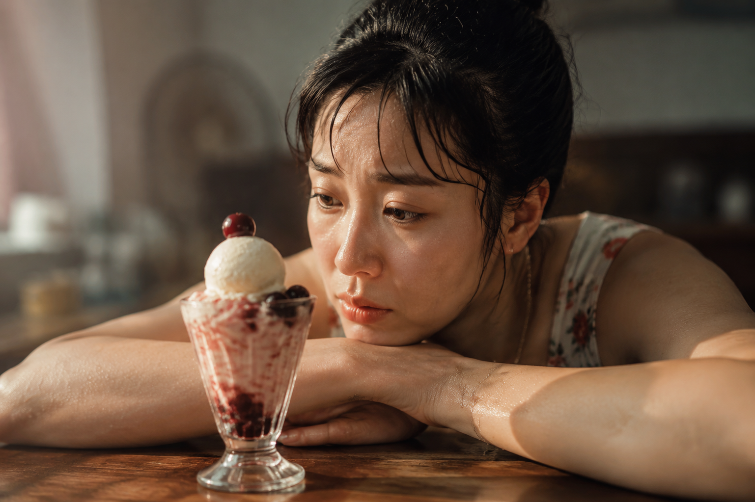 A young Chinese mother in summer, sweating slightly, looking longingly and sadly at a delicious ice cream on the table, photorealistic, warm cinematic lighting, soft focus background, 8k resolution, shot on 35mm lens.