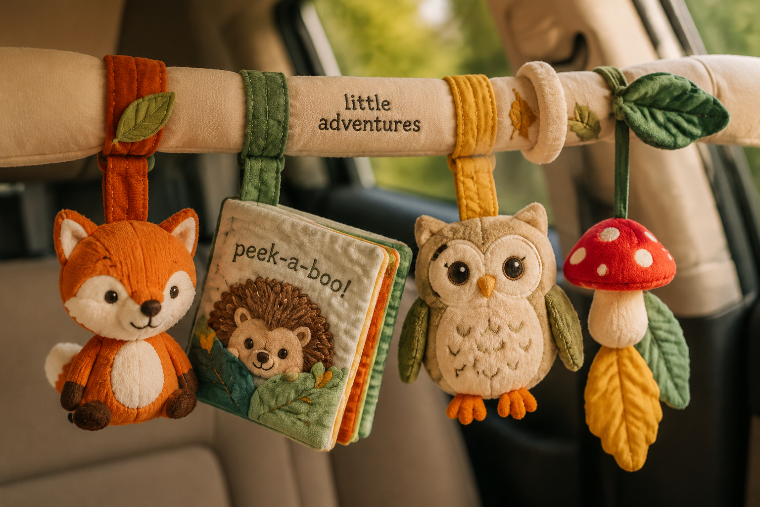 Close-up macro photography of high-quality, ultra-soft plush baby toys and cloth books hanging safely in a car interior. Bright, cheerful colors, contrasting textures like crinkle fabric and smooth plush. No hard plastics. Warm cinematic lighting, blurred car window background, extremely detailed, product photography style. --ar 16:9 --v 6.0