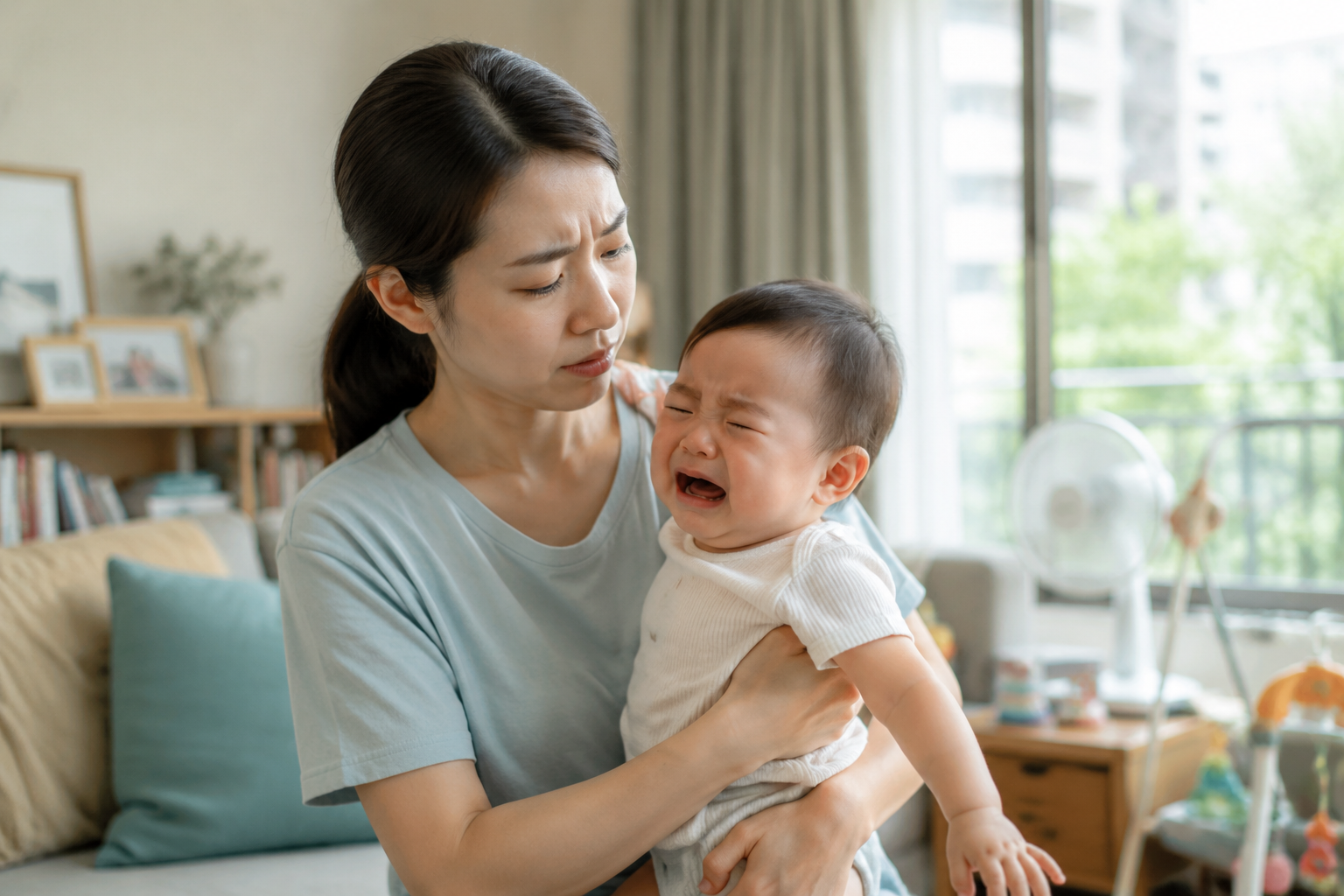 A medium shot of a young, caring Chinese mother looking worried, gently holding a crying Chinese baby in a modern, brightly lit living room during summer. Soft natural light streaming from a window, realistic, cinematic lighting, pastel color palette, 8k resolution, highly detailed, photorealistic.
