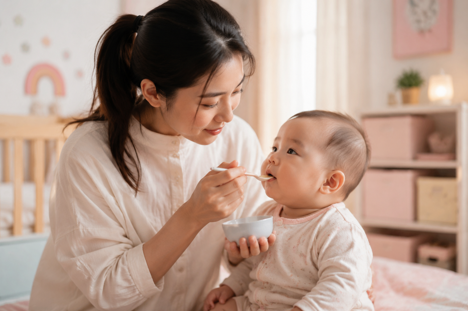 A caring Chinese mother in a cozy nursery room feeding her calm baby some cool water with a small soft spoon. The baby looks relieved and is swallowing gently. Soft pastel colors, warm and soothing indoor lighting, hyper-realistic, premium photography, 8k --ar 3:4