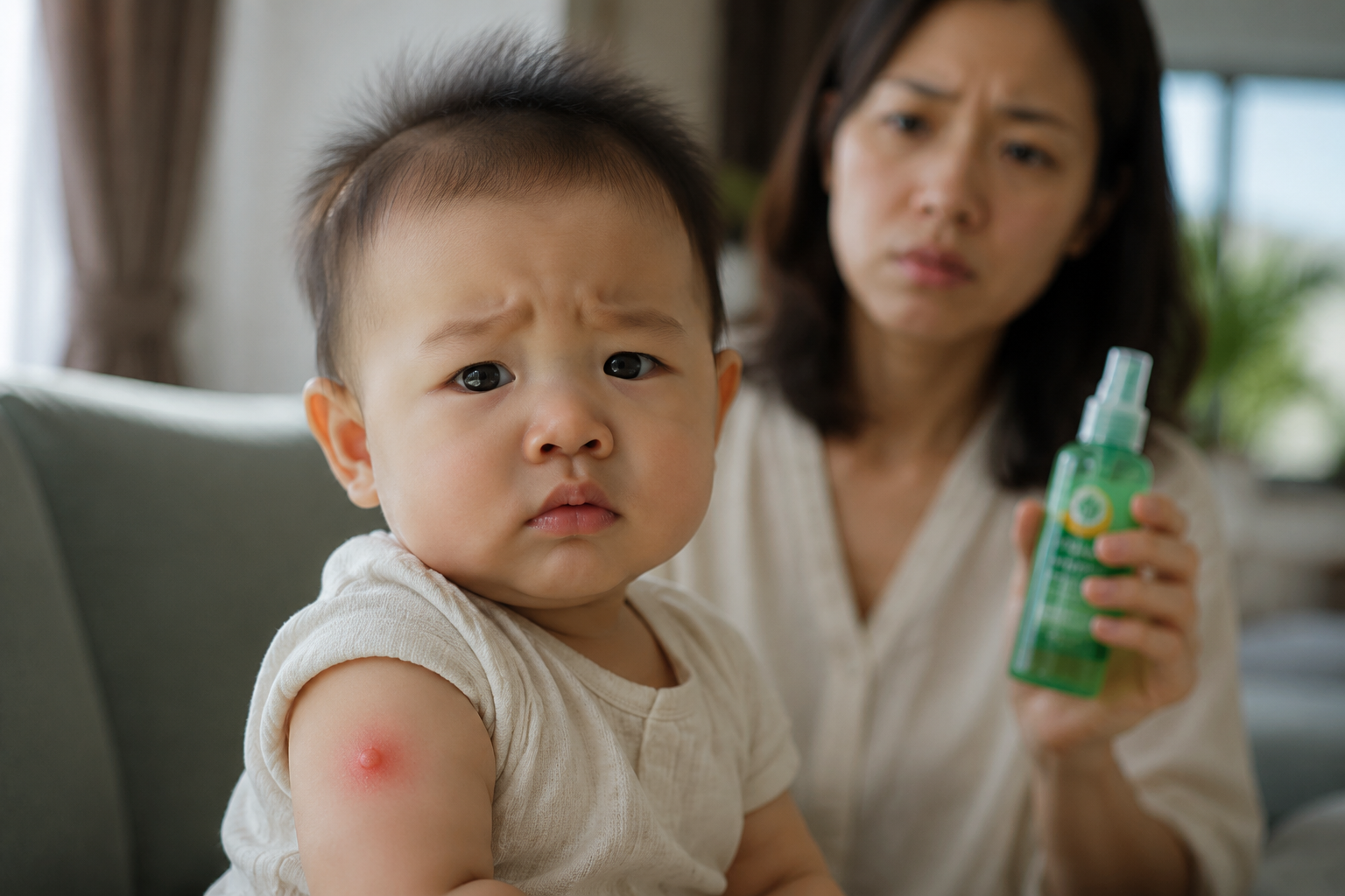 A close-up shot of a cute Chinese baby (6-12 months old) looking slightly unhappy, sitting indoors with soft natural lighting. There is a small, exaggerated red mosquito bite on their arm. The baby's mother in the background is looking worried, holding a green bottle of mosquito repellent. Shot with an 85mm lens, photorealistic, soft cinematic lighting, high resolution, ultra-detailed --ar 3:4 --v 6.0