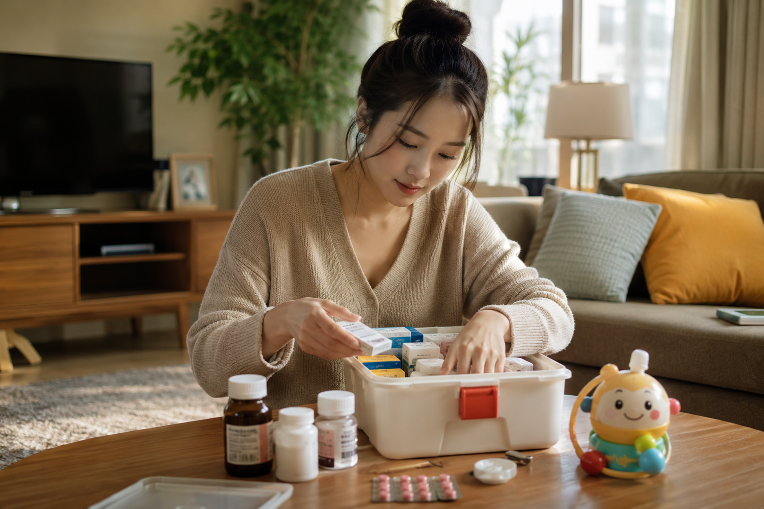 A cozy indoor scene, a young beautiful Chinese mother is sitting in the living room, organizing a household medicine box. The table has a few medicine bottles and a cute baby toy. Warm natural light, cinematic lighting, ultra-detailed, 8k resolution, photorealistic, Midjourney v6 style.