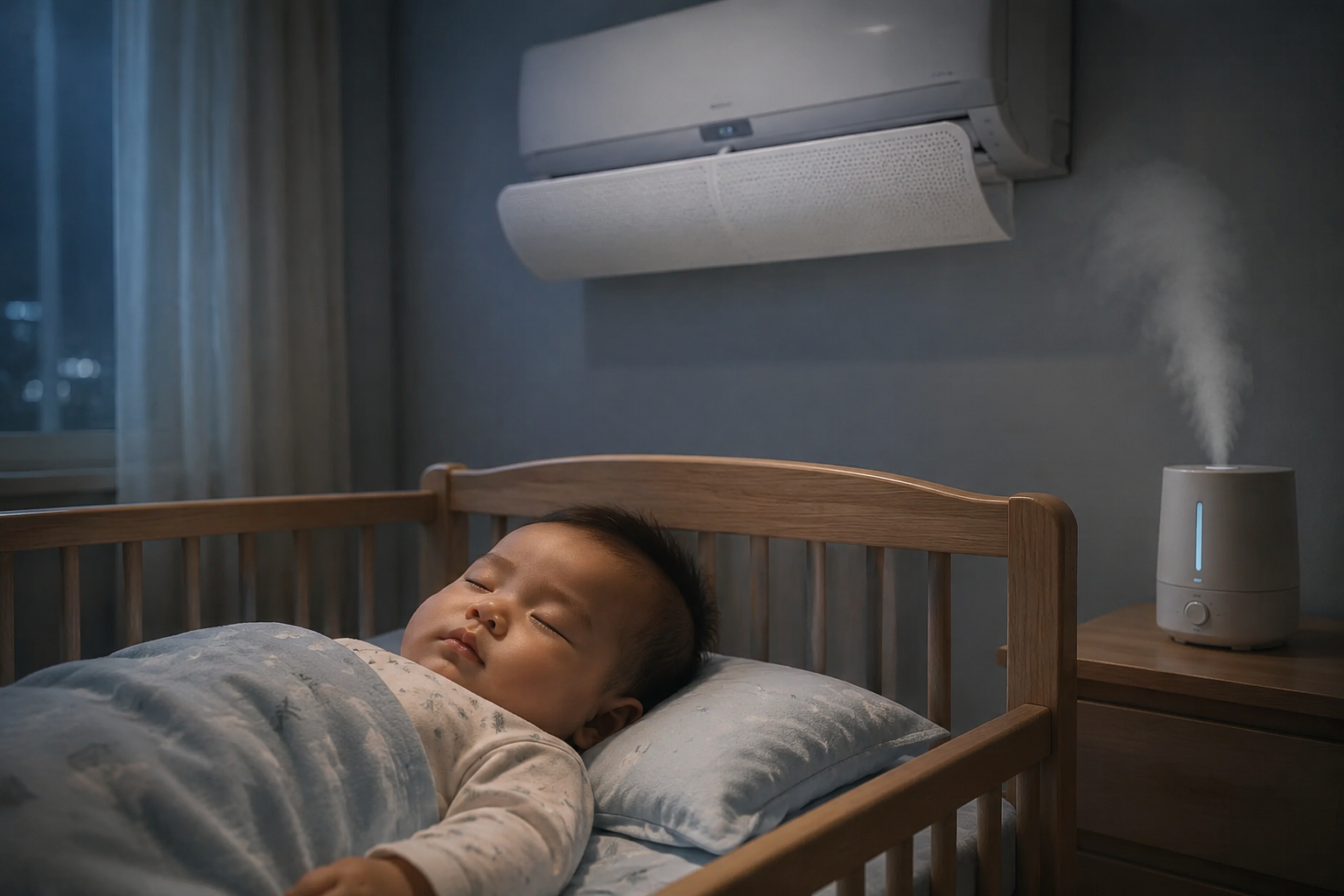 A peaceful Chinese baby (around 8 months old) sleeping soundly in a cozy wooden crib, wearing thin long-sleeved cotton pajamas. A modern air conditioner is visible high on the wall in the background with a wind deflector attached. A small, sleek humidifier is emitting gentle mist on a nightstand nearby. Soft, cool-toned indoor lighting, peaceful atmosphere, photorealistic, highly detailed, cinematic lighting.