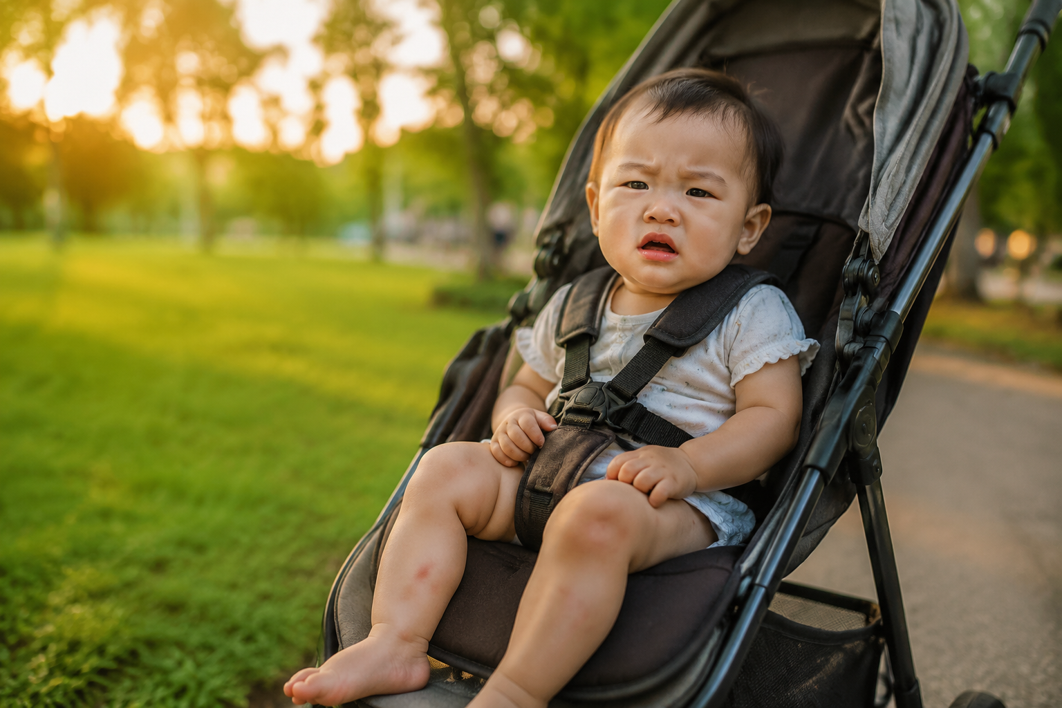 A cute 1-year-old Chinese baby sitting in a stroller in a summer park at dusk, looking slightly distressed, a few red mosquito bites on the chubby legs, soft golden hour lighting, photorealistic, 8k resolution, shot on 85mm lens.