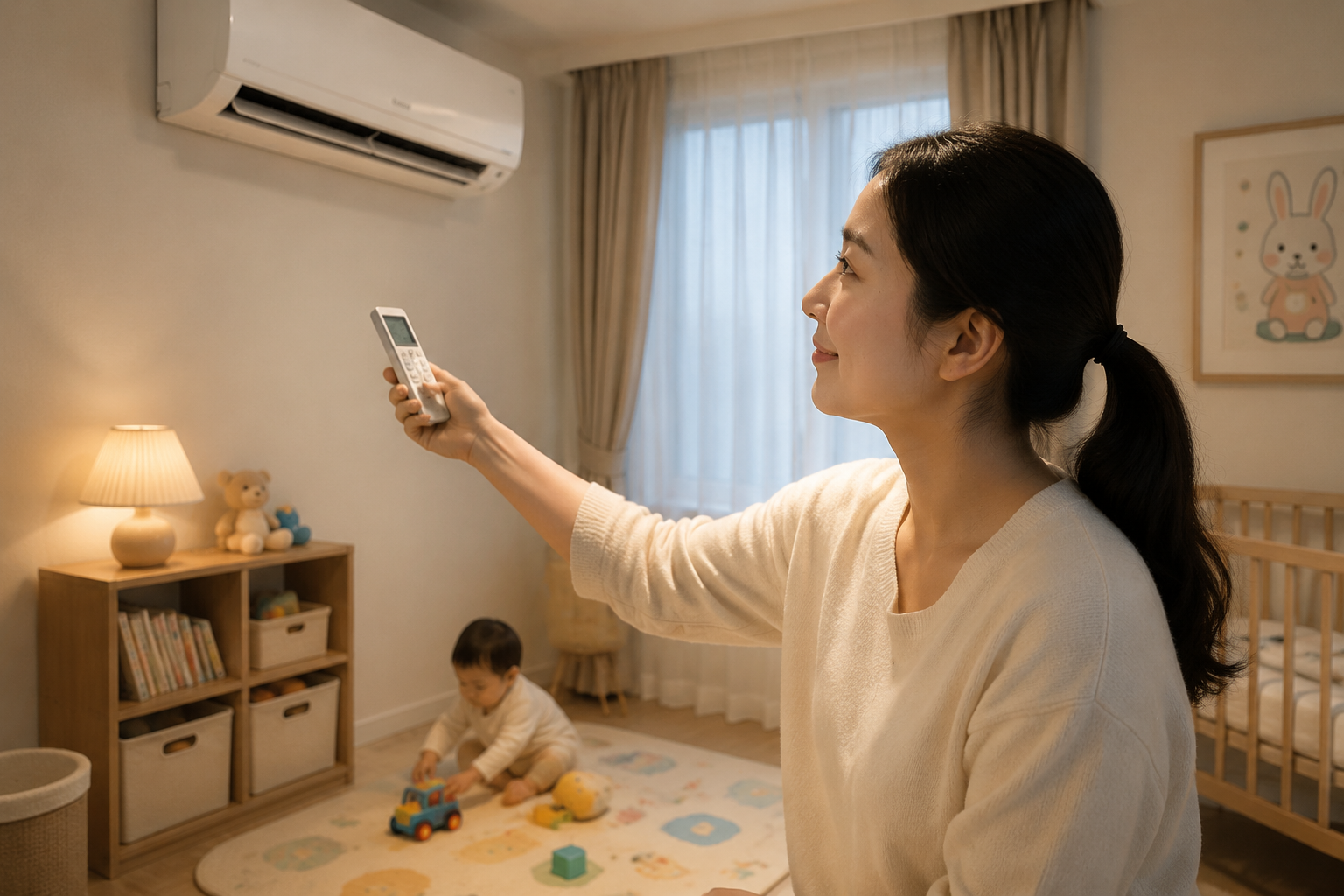 A gentle Chinese mother adjusting the air conditioner remote control in a baby room, air conditioner louver pointing upwards, a cute Chinese baby playing on a playmat in the background, soft indoor lighting, warm and loving atmosphere, cinematic lighting, ultra-realistic, highly detailed.