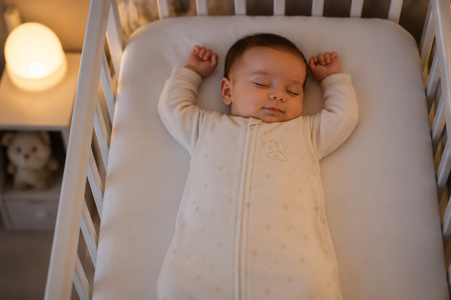 A cute baby sleeping peacefully in a comfortable, fitted light-colored sleep sack, absolutely NO loose blankets or pillows around, arms happily resting above head, soft nursery room background with a subtle night light, gentle and serene atmosphere, high definition photography, comforting and safe vibe, 8k --ar 3:4