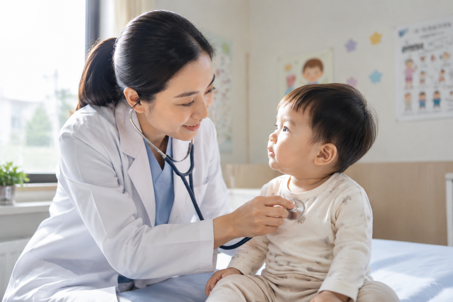 A friendly Chinese female pediatrician in a white coat smiling gently and using a stethoscope to examine a calm Chinese toddler. The baby is looking curiously at the doctor. Bright, clean, and warm clinic environment, soft natural sunlight from the window. Professional medical photography, reassuring atmosphere, extremely detailed, realistic skin texture, 8k. --ar 16:9