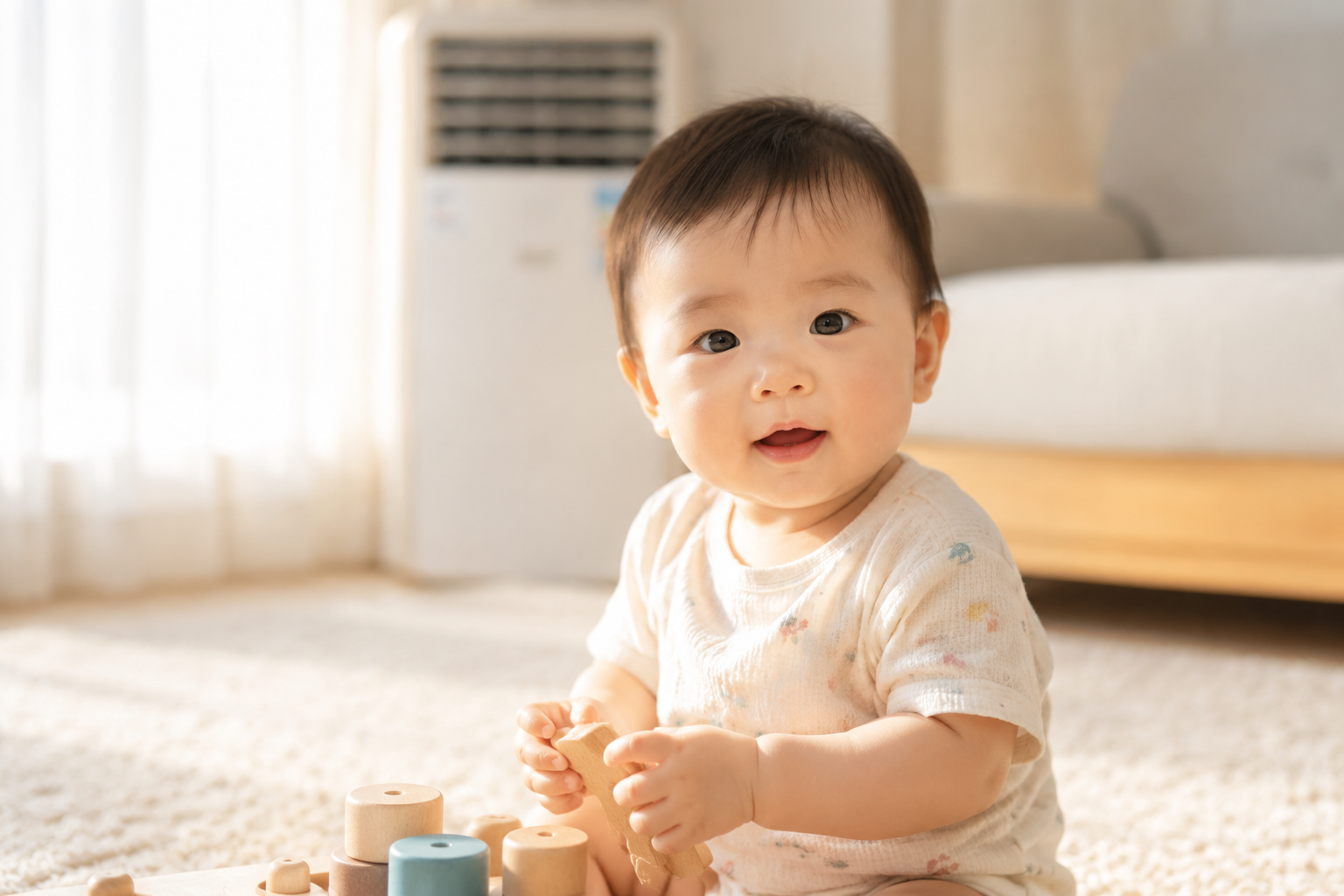 極簡治愈風(fēng)攝影，一個可愛的中國嬰兒坐在客廳地毯上玩耍，穿著夏季薄棉短袖，背景虛化處有一臺空調(diào)，陽光透過窗紗灑進(jìn)室內(nèi)，柔和的自然光，暖色調(diào)，特寫鏡頭，眼神清澈，8k分辨率，高細(xì)節(jié)，佳能單反拍攝。
