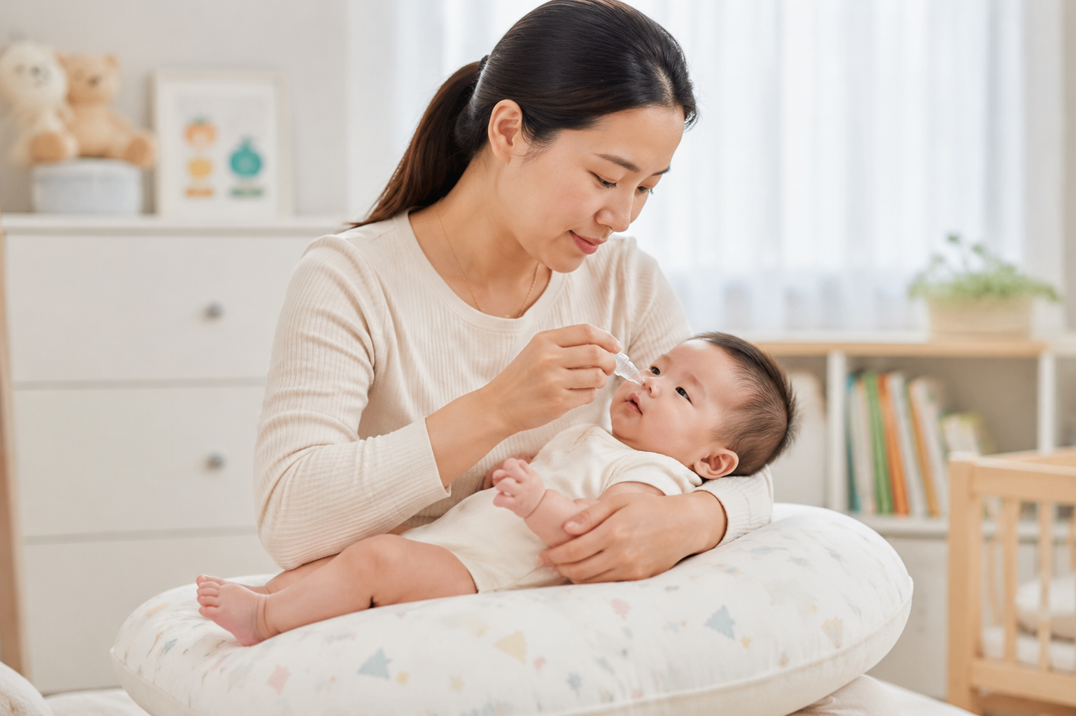 A Chinese mother safely holding her baby in a slightly side-lying tilted position on a nursing pillow, gently applying saline nose drops with a small medical dropper. The baby looks calm and comfortable. Clean baby room background, soft professional studio lighting, medical safety and care concept, photorealistic, highly detailed, 8k. --ar 3:4
