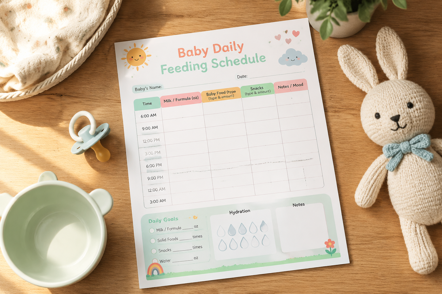 A top-down view of a beautifully designed baby daily feeding schedule chart lying on a neat wooden table, surrounded by cute baby items like a pacifier, a small bowl, and a soft plush toy. Soft summer morning sunlight, bright and clean aesthetic, pastel color palette, photorealistic, highly detailed, 8k.