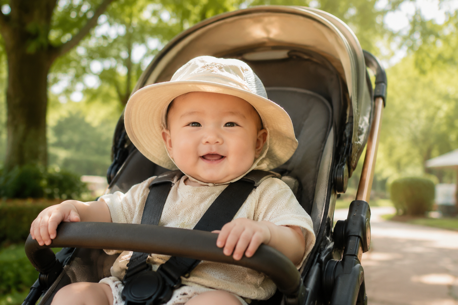 A cute 6-month-old Chinese baby sitting in a modern baby stroller outdoors in a sunny park, wearing a lightweight breathable sun shirt and a wide-brimmed baby sun hat. Soft natural dappled sunlight filtering through green trees. Bright and airy photography, warm tones, photorealistic, 8k resolution, cinematic lighting, joyful atmosphere.