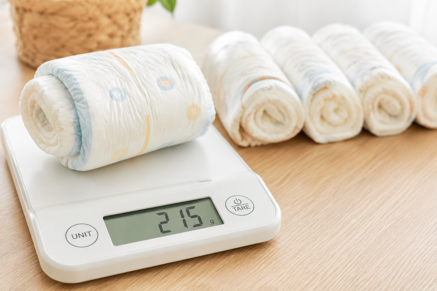 Close-up photography of a modern digital kitchen scale on a clean light wooden table. On the scale sits a neatly rolled-up, visibly full baby diaper. The digital display is clearly visible. Next to the scale are 5 other slightly blurred full diapers lined up softly in the background. Soft, bright indoor lighting, clinical yet warm aesthetic, high detail, parenting hack concept, 8k. --ar 3:4