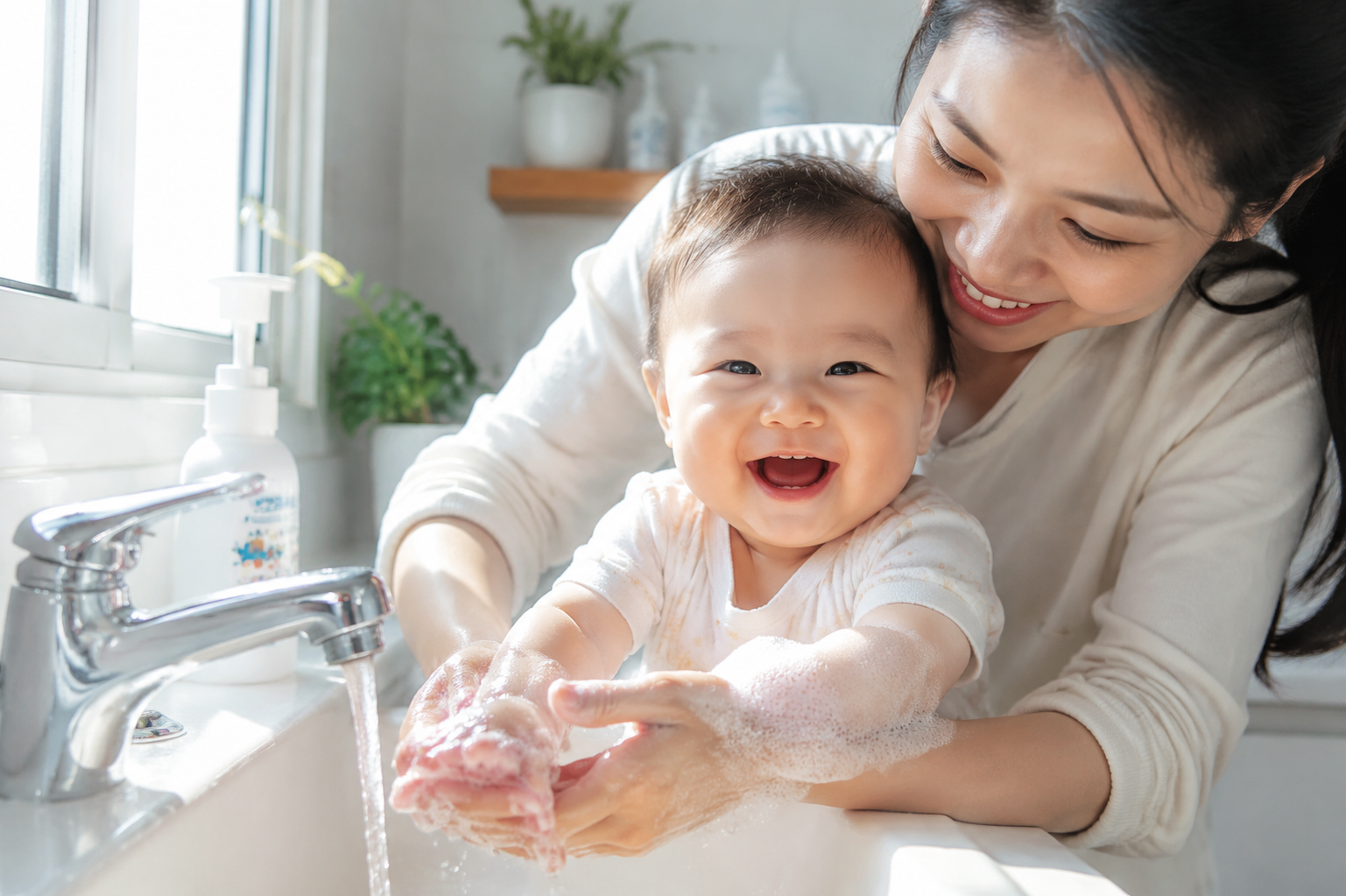 A heartwarming and bright close-up shot of a Chinese mother guiding her happy 8-month-old baby to wash hands at a bathroom sink. Bubbles on the baby's little hands. Natural sunlight streaming through the bathroom window, bright and airy color grading, photorealistic, cheerful atmosphere, highly detailed, 4k resolution.