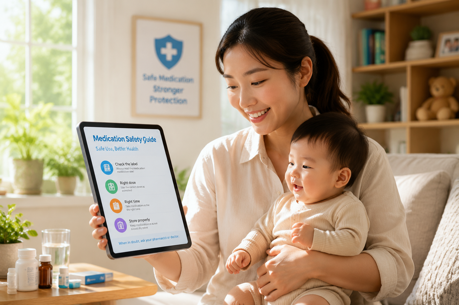 A warm and professional lifestyle photo of a smiling young Chinese mother holding her cute baby in one arm, while looking at a medication safety guide on a tablet with the other hand. Sunny day, bright and clean indoor environment. Medical safety concept, high resolution, soft cinematic lighting, comforting atmosphere, ultra-detailed --ar 3:4