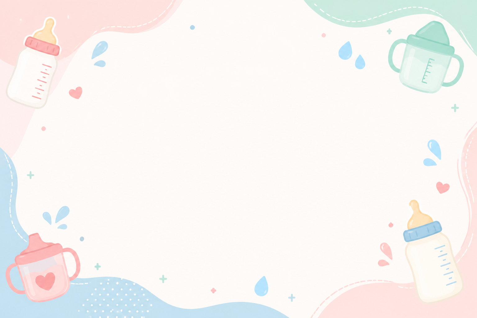 A flat illustration style infographic background for maternal and infant science popularization, warm macaron color palette (pale blue, soft pink, mint green), featuring cute small illustrations of baby bottles, sippy cups, and water drops, clean empty space in the center for text layout, high quality, vector art texture, modern Chinese UI design sense --ar 3:4 --v 6.0