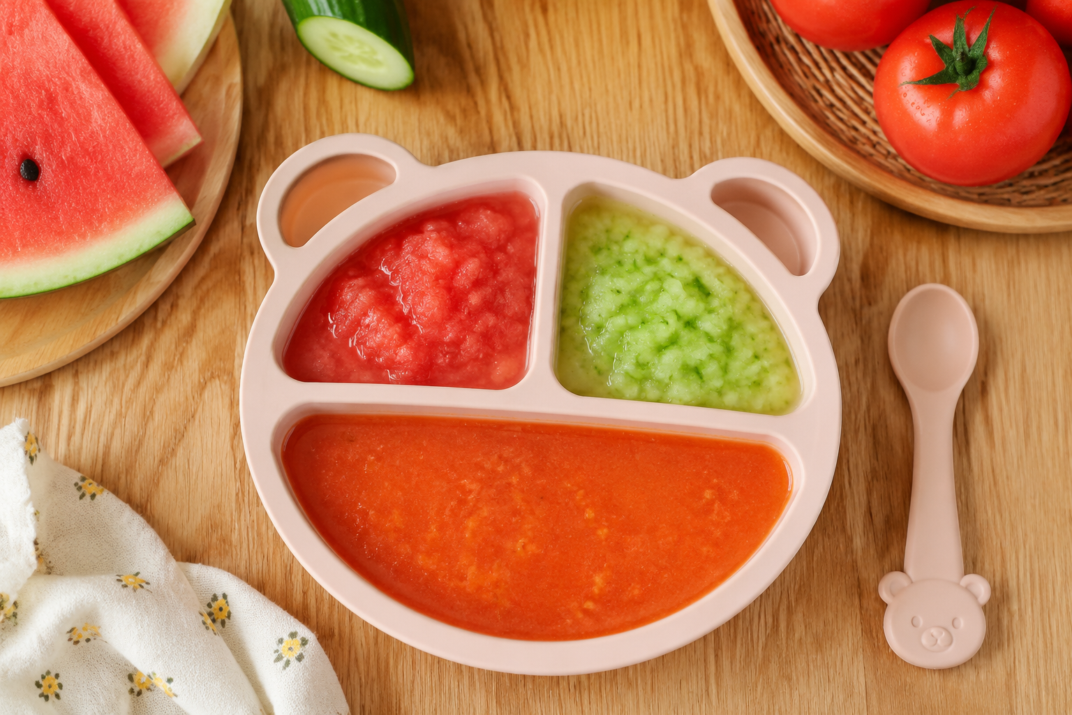 Top-down view of summer baby solid food, colorful water-rich food arrangement including mashed watermelon, cucumber puree, and tomato soup, served in a cute silicone baby divided plate, a small silicone spoon beside it, wooden table background, bright and fresh summer tones, professional food photography, natural lighting, high detail, Chinese culinary style --ar 3:4 --v 6.0