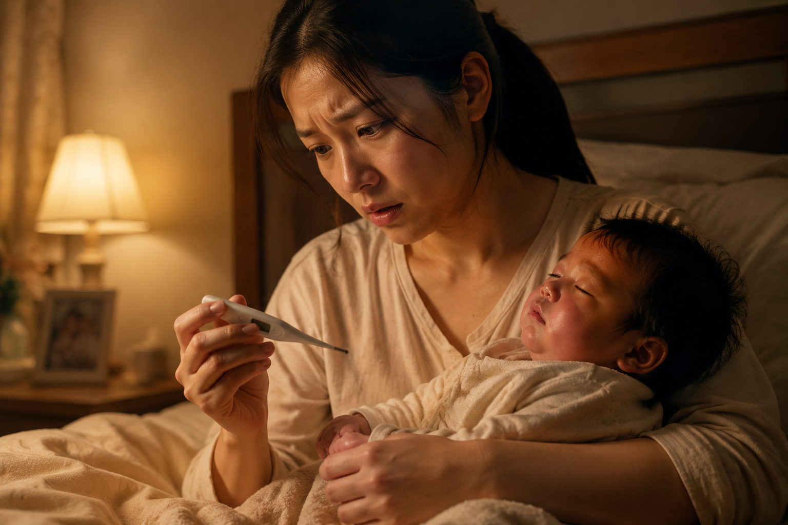 A worried Chinese young mother holding her feverish baby in a dimly lit bedroom at night, looking anxiously at a digital thermometer in her hand, warm bedside lamp, cinematic lighting, realistic photography, high detail, warm tones, 8k, Midjourney style --ar 3:4