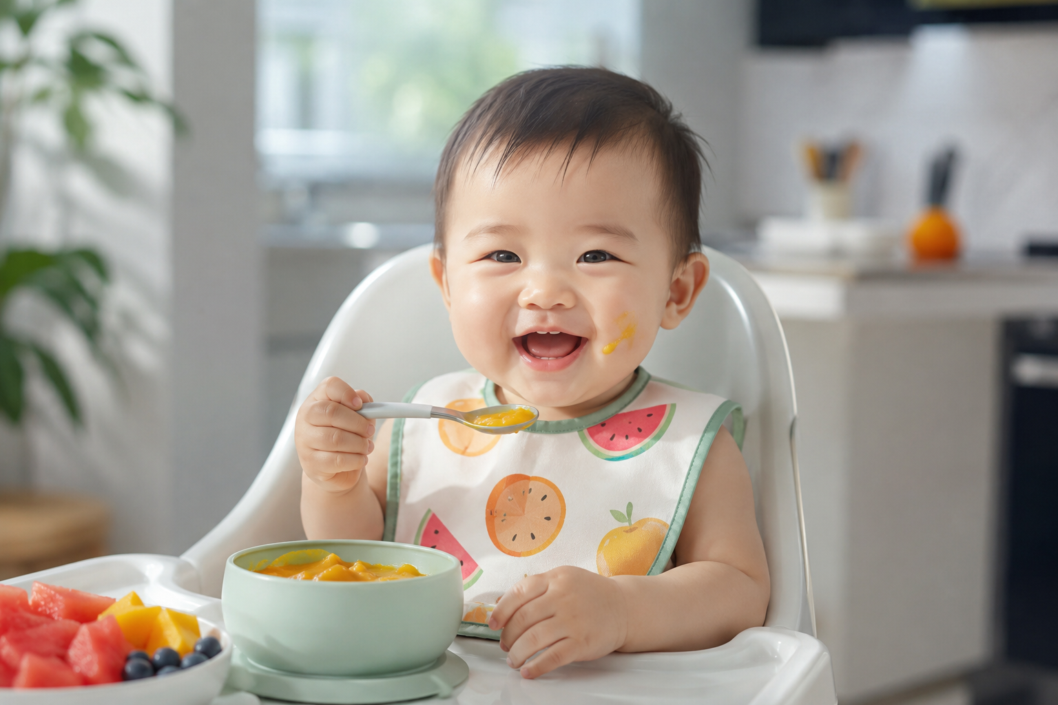 A cheerful 10-month-old Chinese baby wearing a cute summer bib, sitting in a modern high chair, happily eating colorful, fresh fruit puree from a baby bowl. The baby has a big smile with a little puree on the cheek. Bright, clean indoor kitchen setting, cool cinematic lighting, soft pastel color palette, ultra-detailed, commercial photography style.