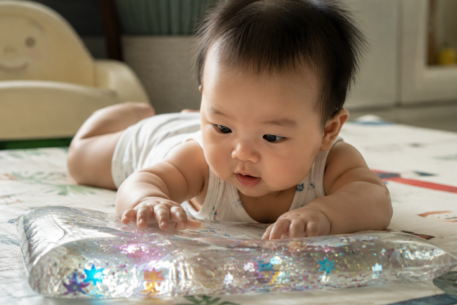 A close-up view of a cute 3-month-old Chinese baby doing tummy time, looking curiously at a clear plastic sensory water bag filled with water and colorful glitter sequins placed on the floor, baby reaching out little hands to touch it, soft indoor lighting, refreshing summer vibe, photorealistic, cinematic lighting, 8k.