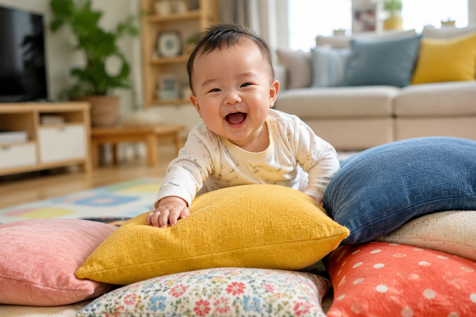 A happy 7-month-old Chinese baby enthusiastically climbing over a pile of colorful cozy pillows on a bright living room floor mat. Bright and cheerful indoor lighting, modern warm home environment, highly detailed, photorealistic portrait, captured with a DSLR camera, shallow depth of field, joyful atmosphere. --ar 3:4 --v 6.0