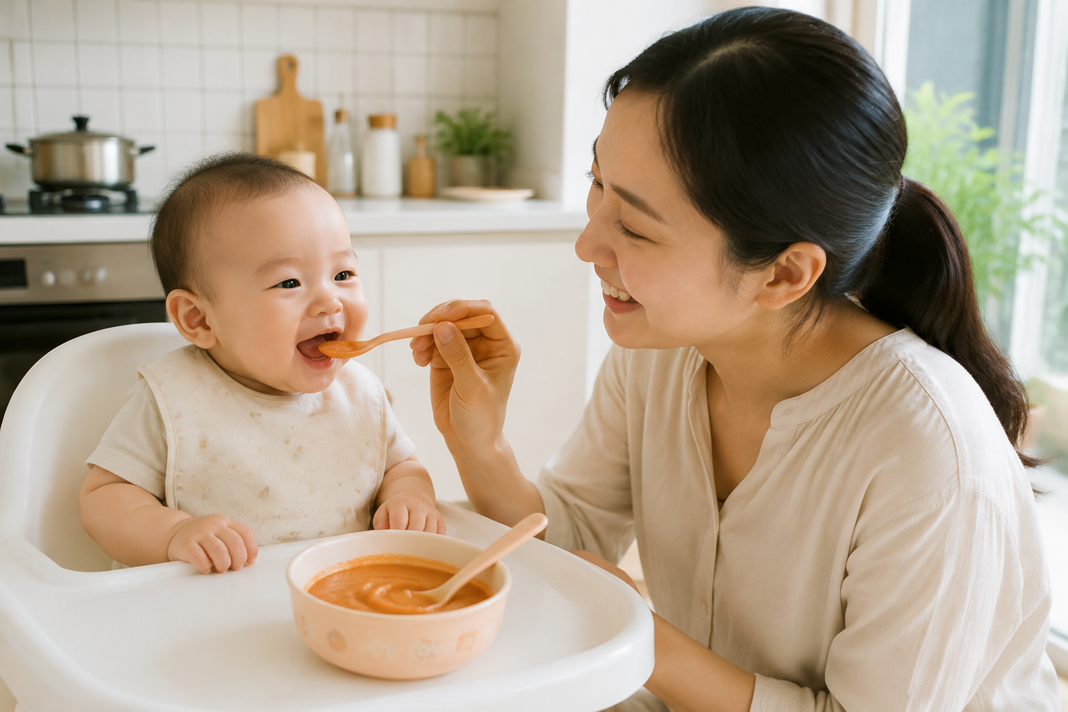 A bowl of fresh tomato and beef baby food puree, smooth and creamy texture, served in a cute baby bowl, a soft silicone baby spoon resting inside. A smiling young Chinese mother feeding a happy 6-month-old Chinese baby in a bright modern kitchen, summer daylight, warm and cozy atmosphere, photorealistic, DALL-E style, high quality.