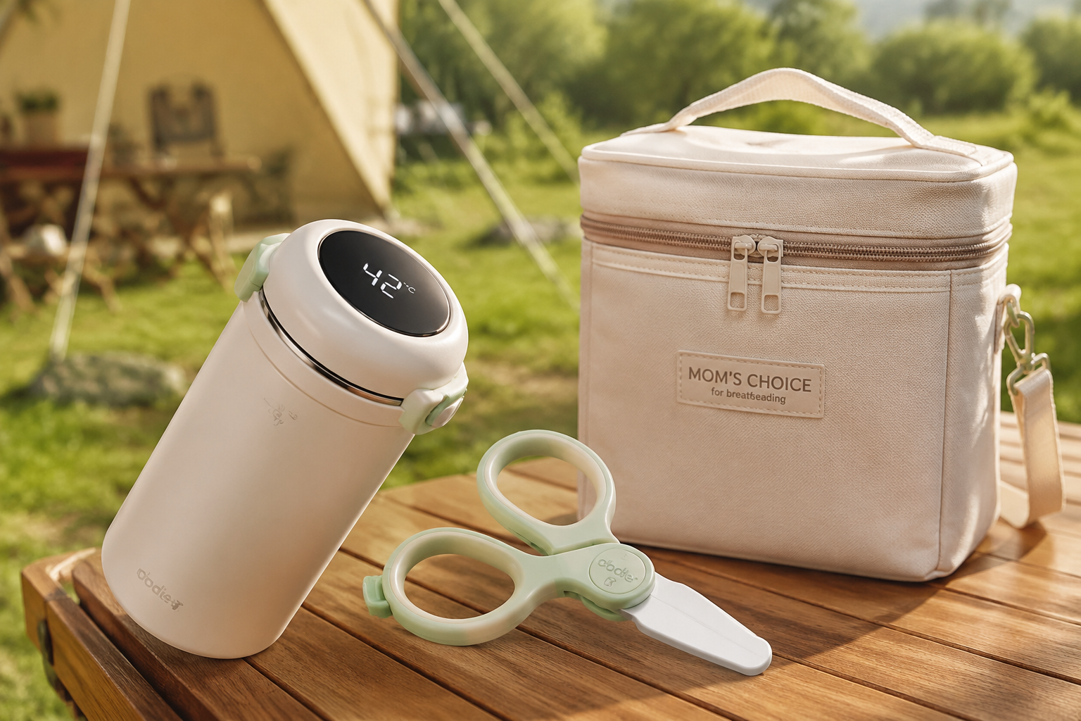 Close-up product photography of stylish baby feeding gears on a wooden camping table outdoors. Included are a smart thermos cup showing 45 degrees, a portable baby food scissor with a ceramic blade, and a premium insulated ice bag for breastmilk. Soft early summer sunlight, blurred background with a camping tent and green grass, commercial lighting, ultra-detailed, 8k, photorealistic.