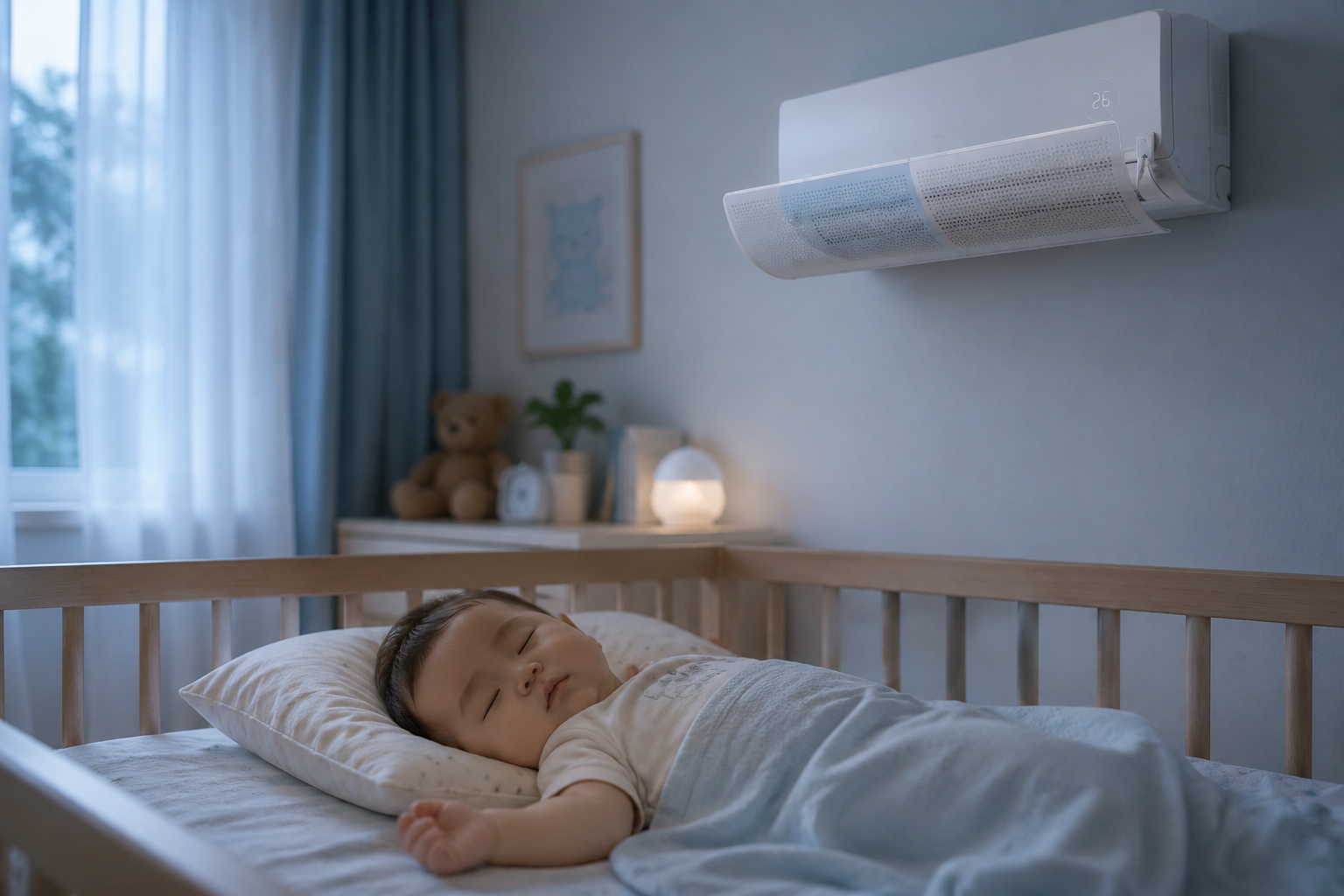 A cozy and peaceful indoor scene of a 8-month-old Chinese baby sleeping soundly in a comfortable crib. The room has an air conditioner mounted high on the wall with a wind deflector. Soft, cool-toned ambient lighting, creating a refreshing summer vibe. The baby is wearing a light cotton onesie, covered with a thin breathable blanket over the belly. Photorealistic, soft focus on the background, 4k, architectural digest style.