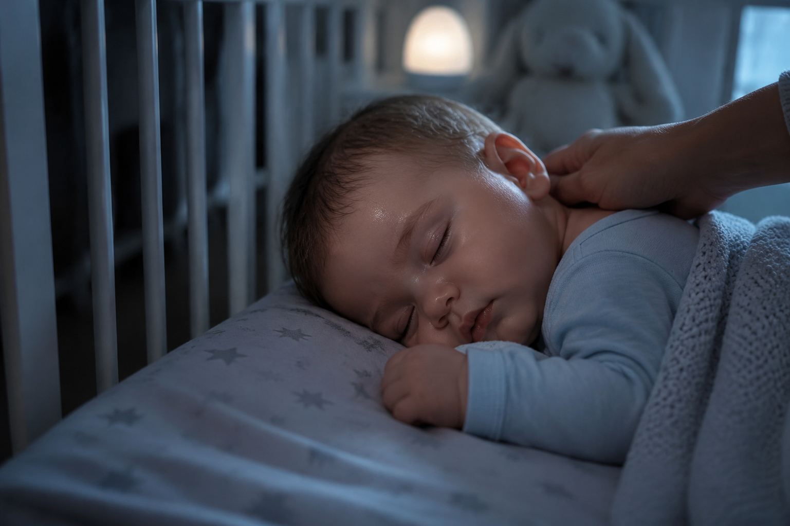 A photorealistic close-up of a cute 6-month-old baby sleeping in a dim nursery, faint moonlight, slightly sweaty forehead, mother's gentle hand checking the back of the neck, soft cinematic lighting, cozy atmosphere, 8k resolution, shot on 85mm lens --ar 3:4