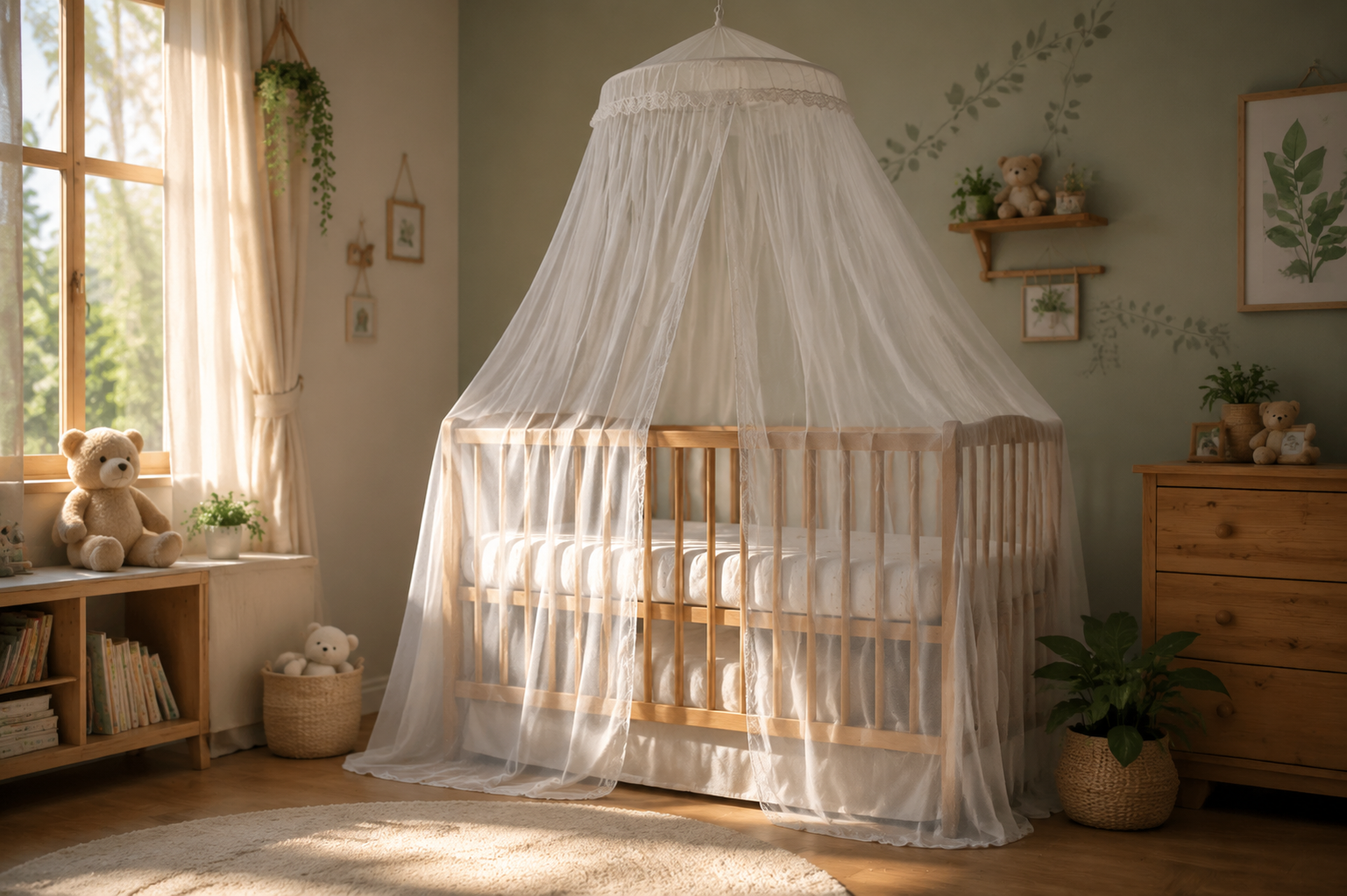 A serene and aesthetic nursery room setup. A beautiful wooden baby crib fully covered by a highly transparent, elegant white mosquito net. Soft morning sunlight streaming through the window, cozy and safe atmosphere, high quality interior photography, 8k, photorealistic.