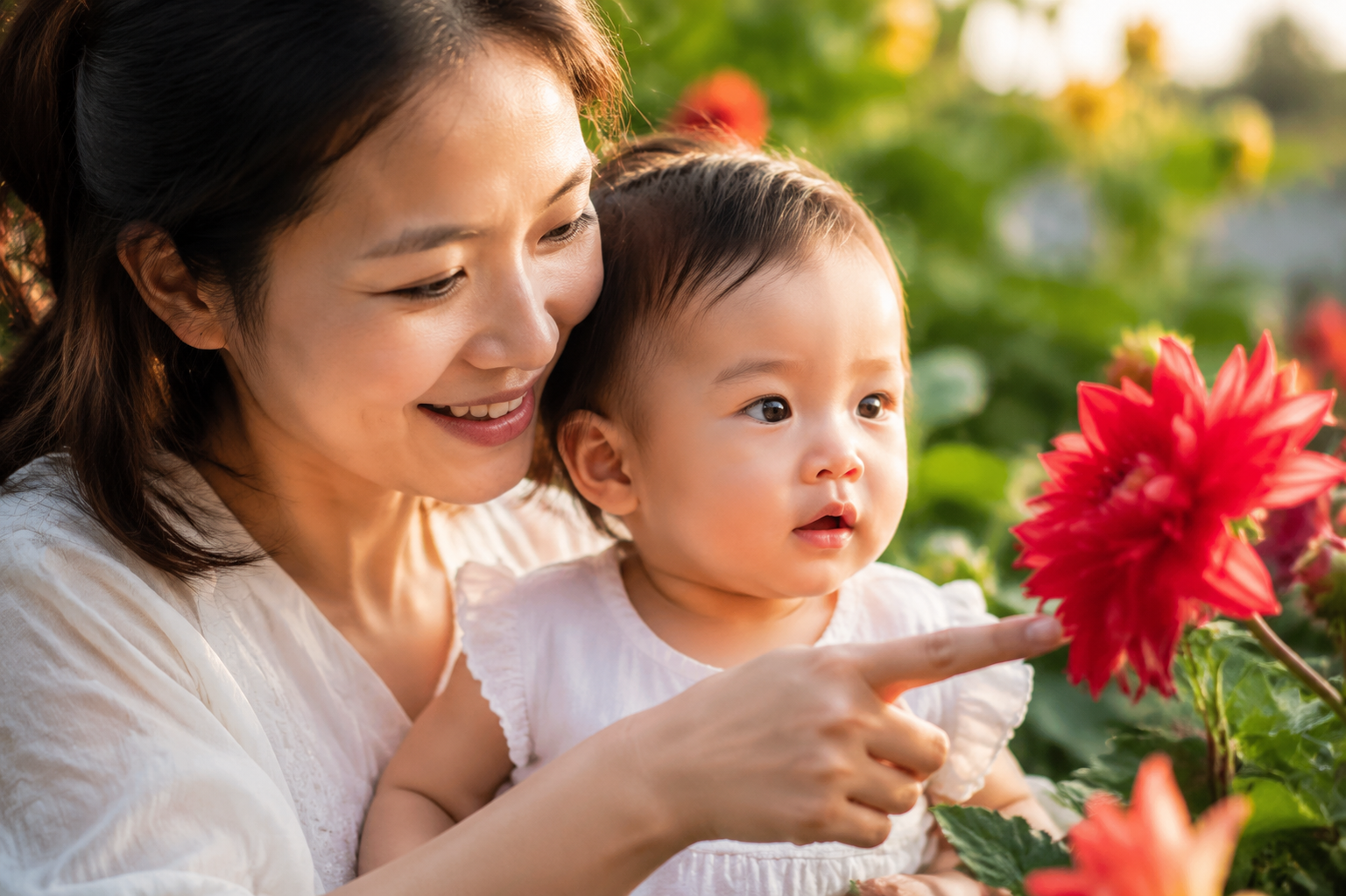 Close up shot, a gentle Chinese mother holding her 1-year-old baby in a summer garden. The mother is smiling and pointing at a bright red flower, and the Chinese baby is looking at the flower with big curious eyes. Soft warm golden hour lighting, vibrant colors, shallow depth of field, highly detailed, photorealistic, family lifestyle photography. --ar 3:4